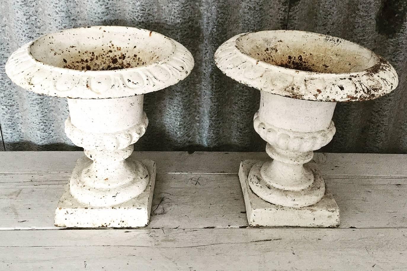 Fantastic pair of English cast iron garden urns with layers of original and newer paint suitable for inside or outside use in the Regency style.