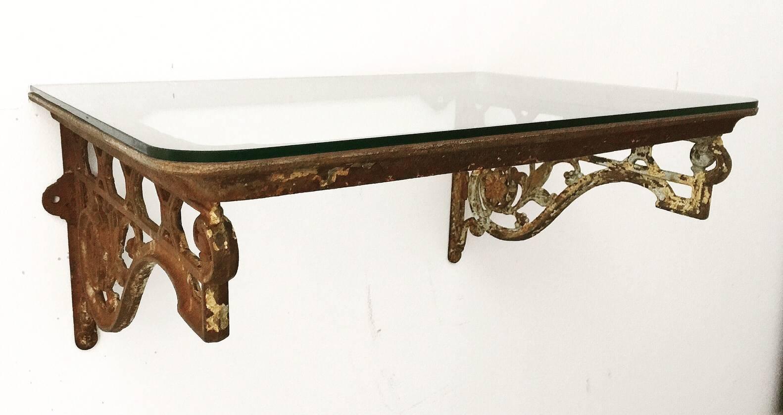 British Cast Iron Glass Topped Wall-Mountable Console Table