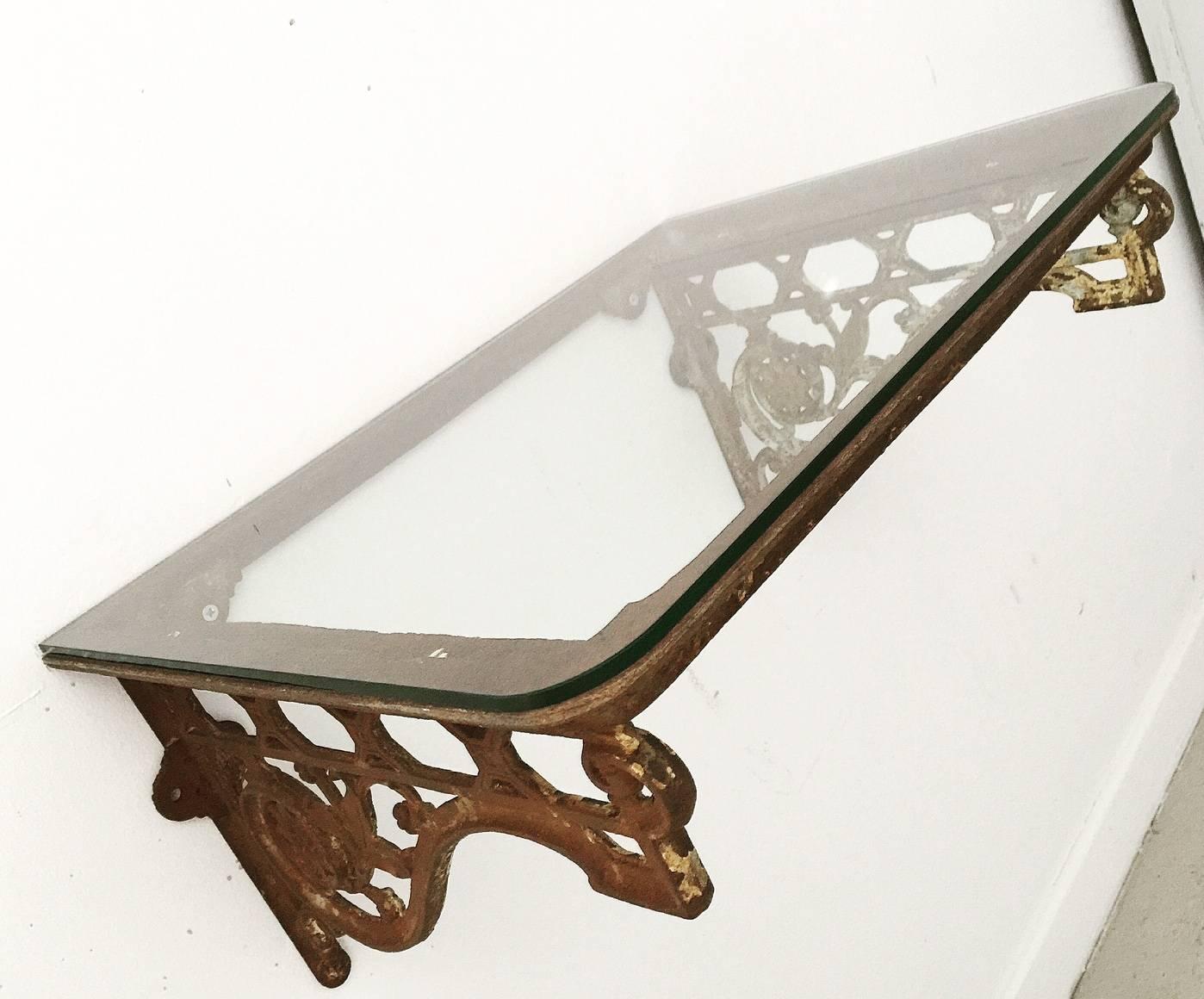 Glazed Cast Iron Glass Topped Wall-Mountable Console Table
