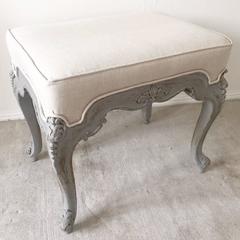 Antique French Gesso Stool Bench Footstool with Linen Upholstery