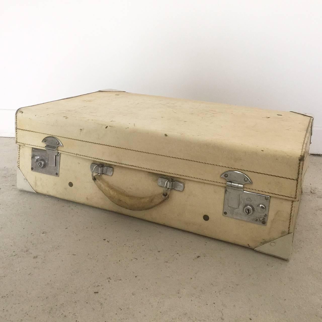 Hand-Carved Vintage vellum luggage suitcase trunk  For Sale
