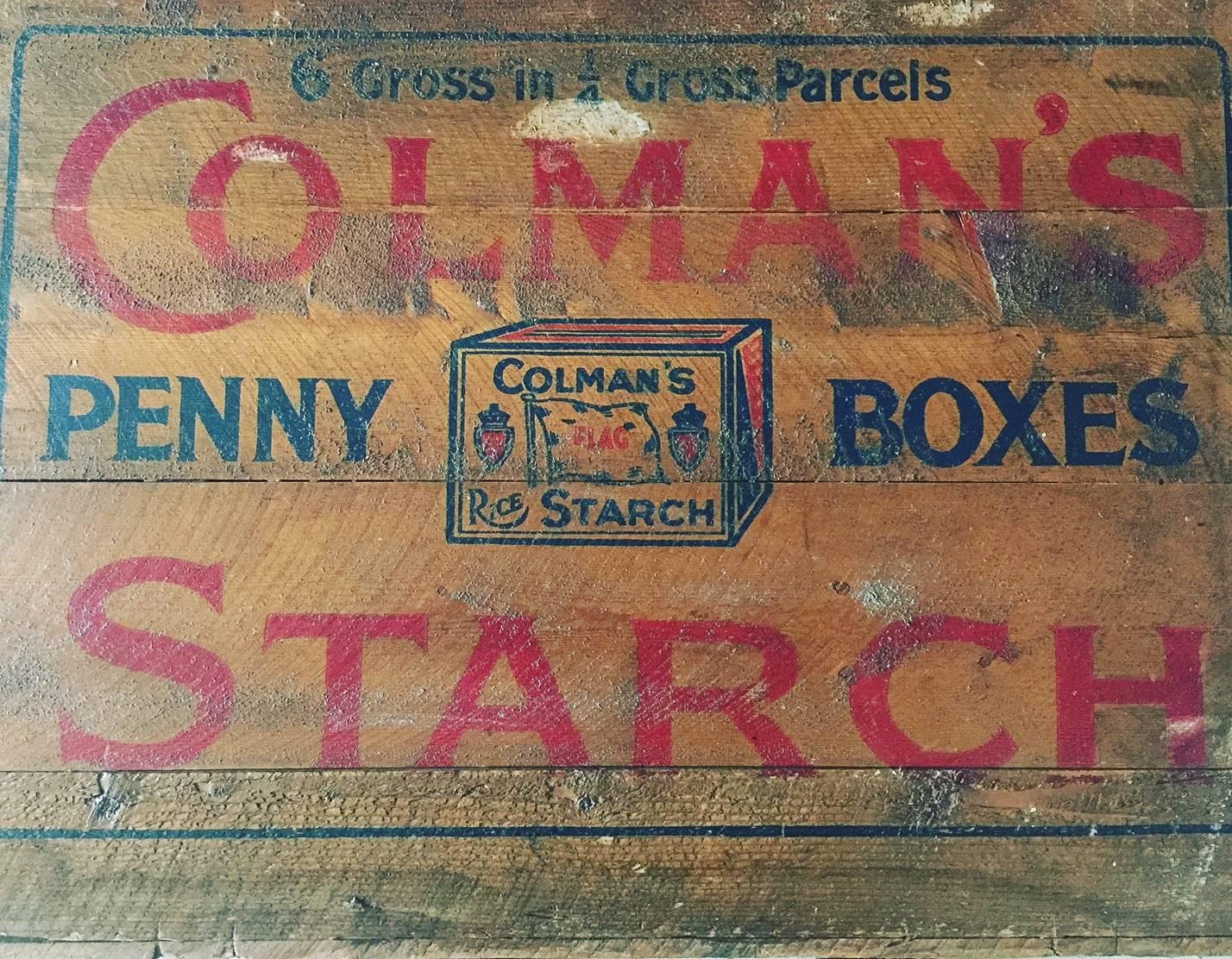 Vintage Colmans Starch box which was used for delivering packets of starch to a retail shop for breaking down and being sold to the general public.