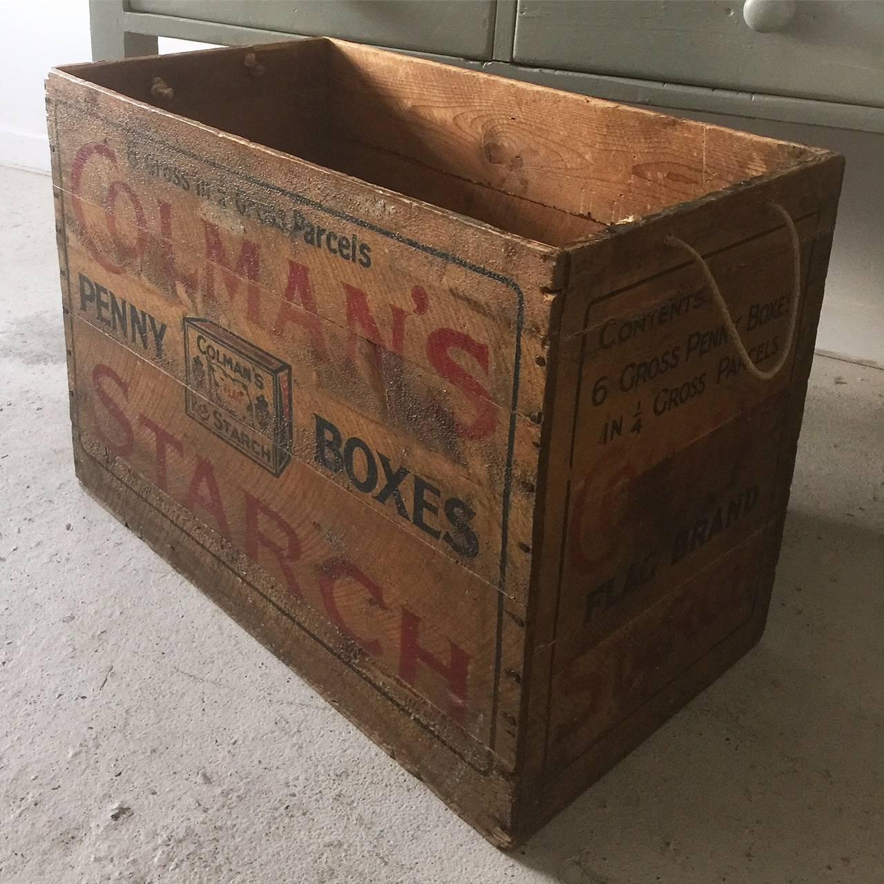 Industrial Large Vintage Antique Colmans Starch Retail Wooden Box Trunk Chest Shop Display For Sale