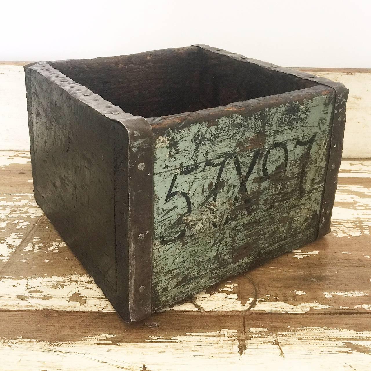 Vintage Industrial rustic naive crafted wooden storage box from an ironmongers shop.