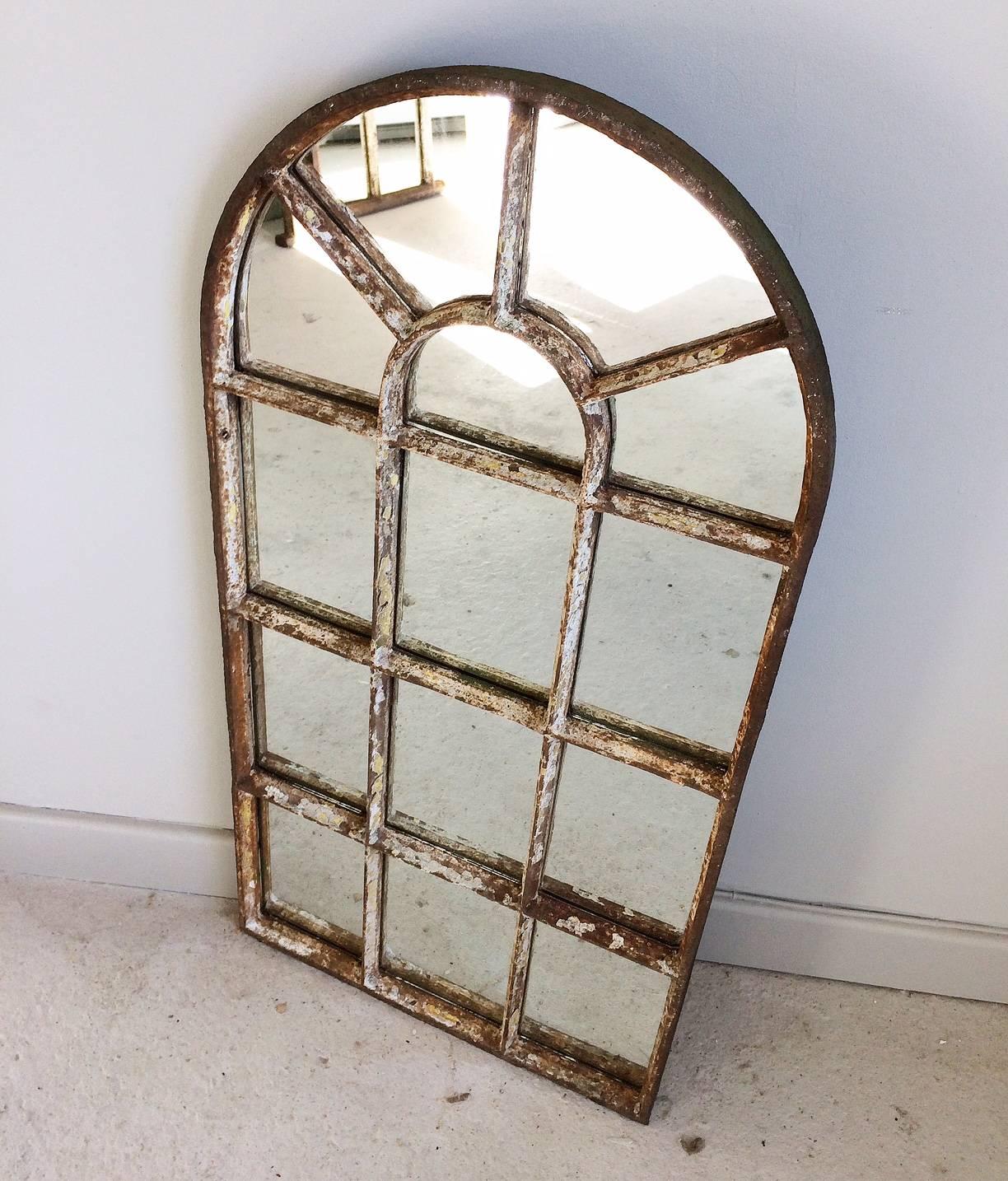 English Antique Victorian Industrial Arched Top Cast Iron Window Mirror For Sale