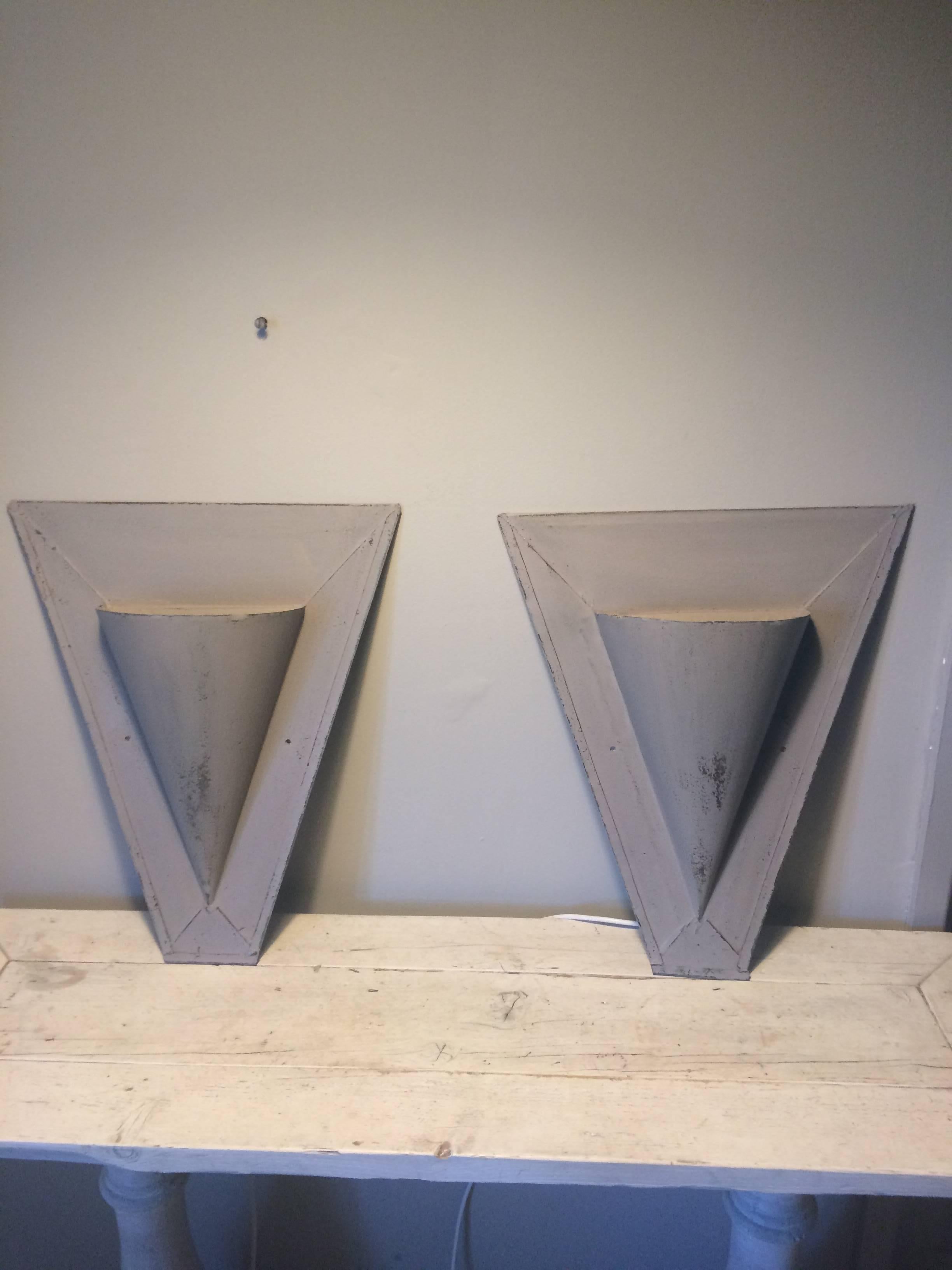Vintage Industrial French architectural zinc galvanized roof vents converted in to uprights sconces with a latter grey paint .Please note these lamps may require conversion to your countries standards and specifications.