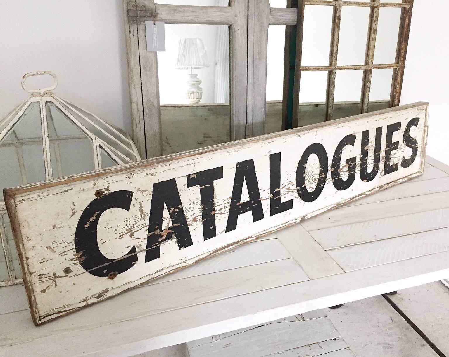 Vintage large hand-painted wooden catalogue sign from a provincial auction with a fantastic distressed patina