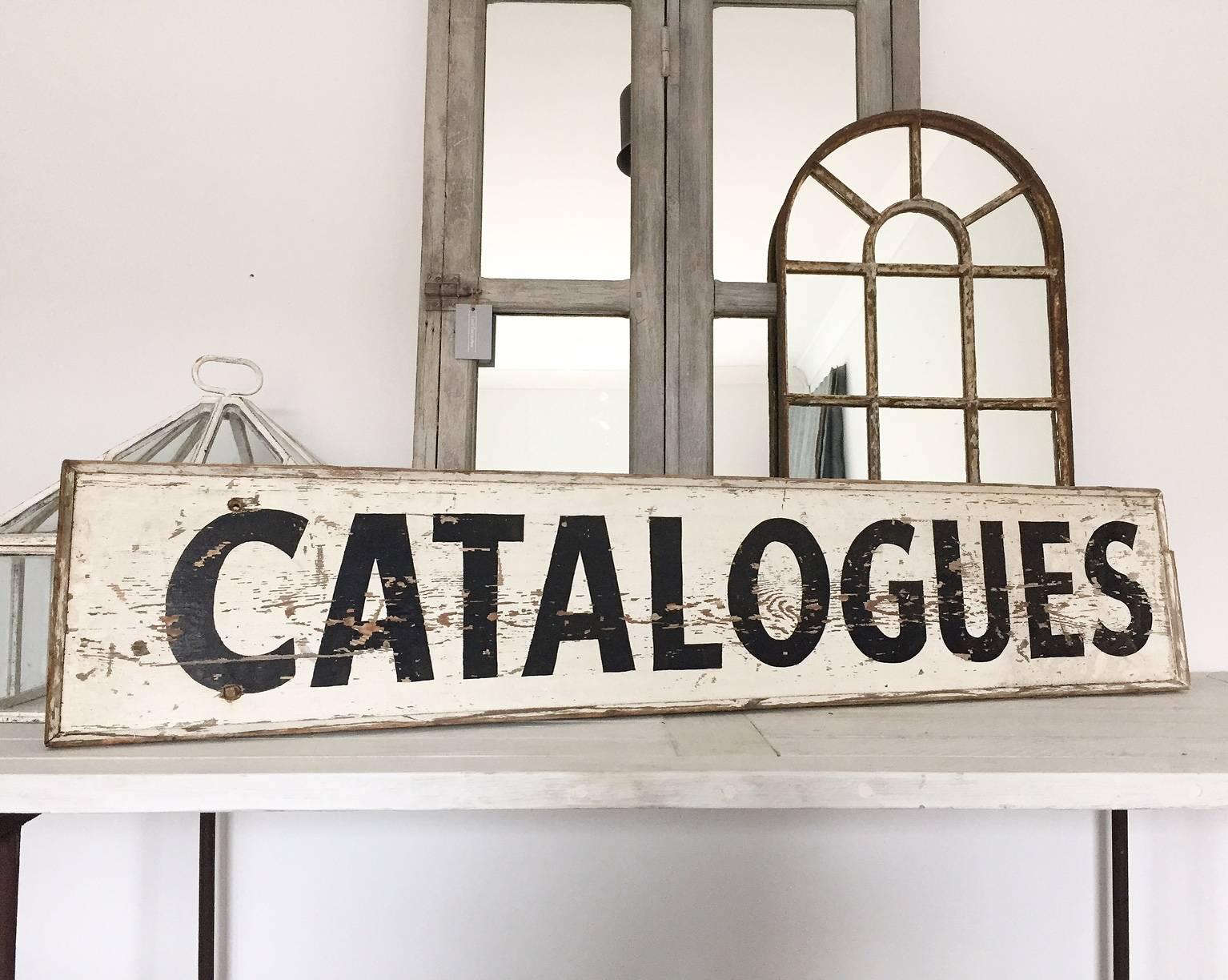 Country Vintage Large Auction Room Hand-Painted Wooden Catalogues Sign For Sale