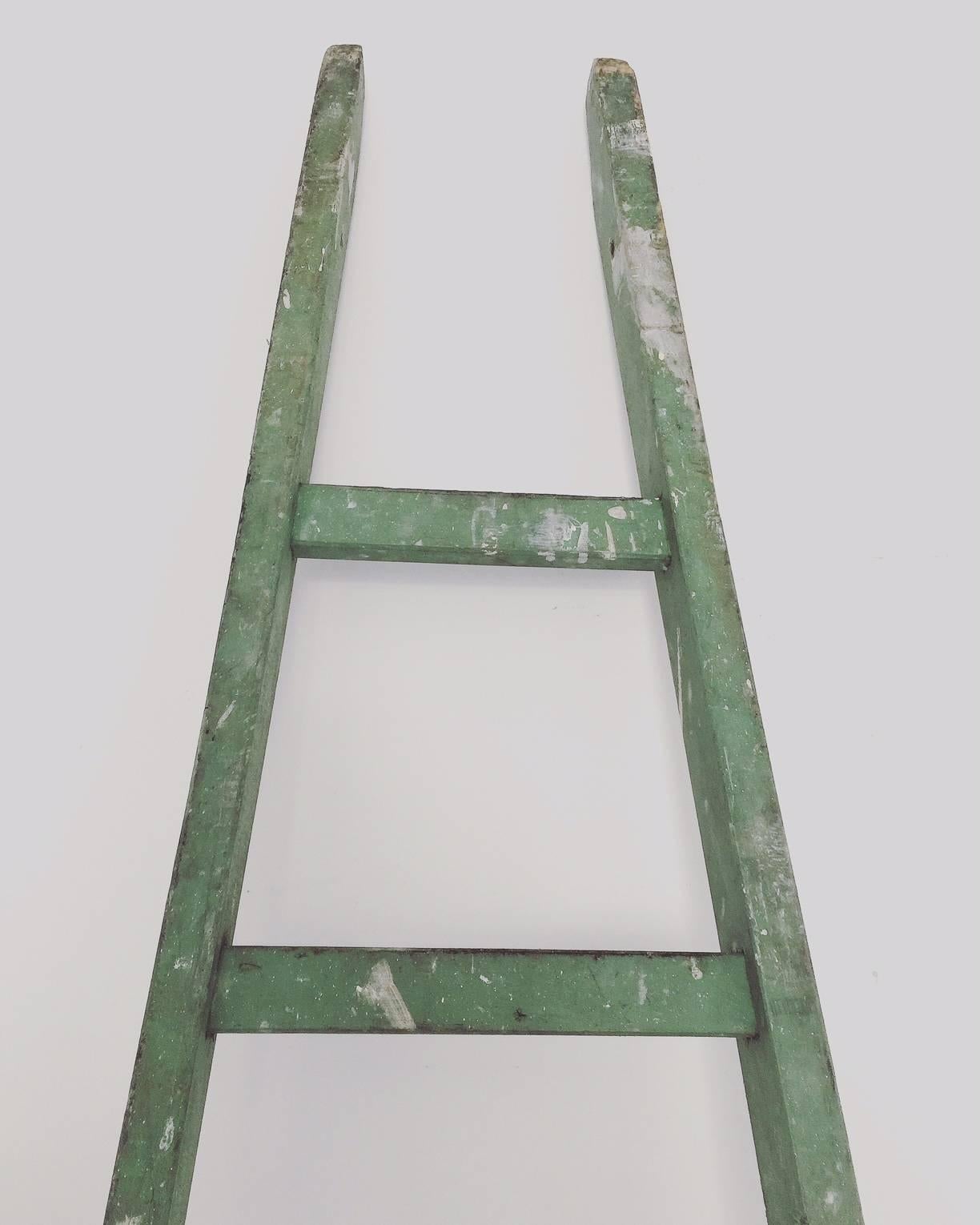 Vintage French fruit pickers ladder with seven tapered treds and original paint.