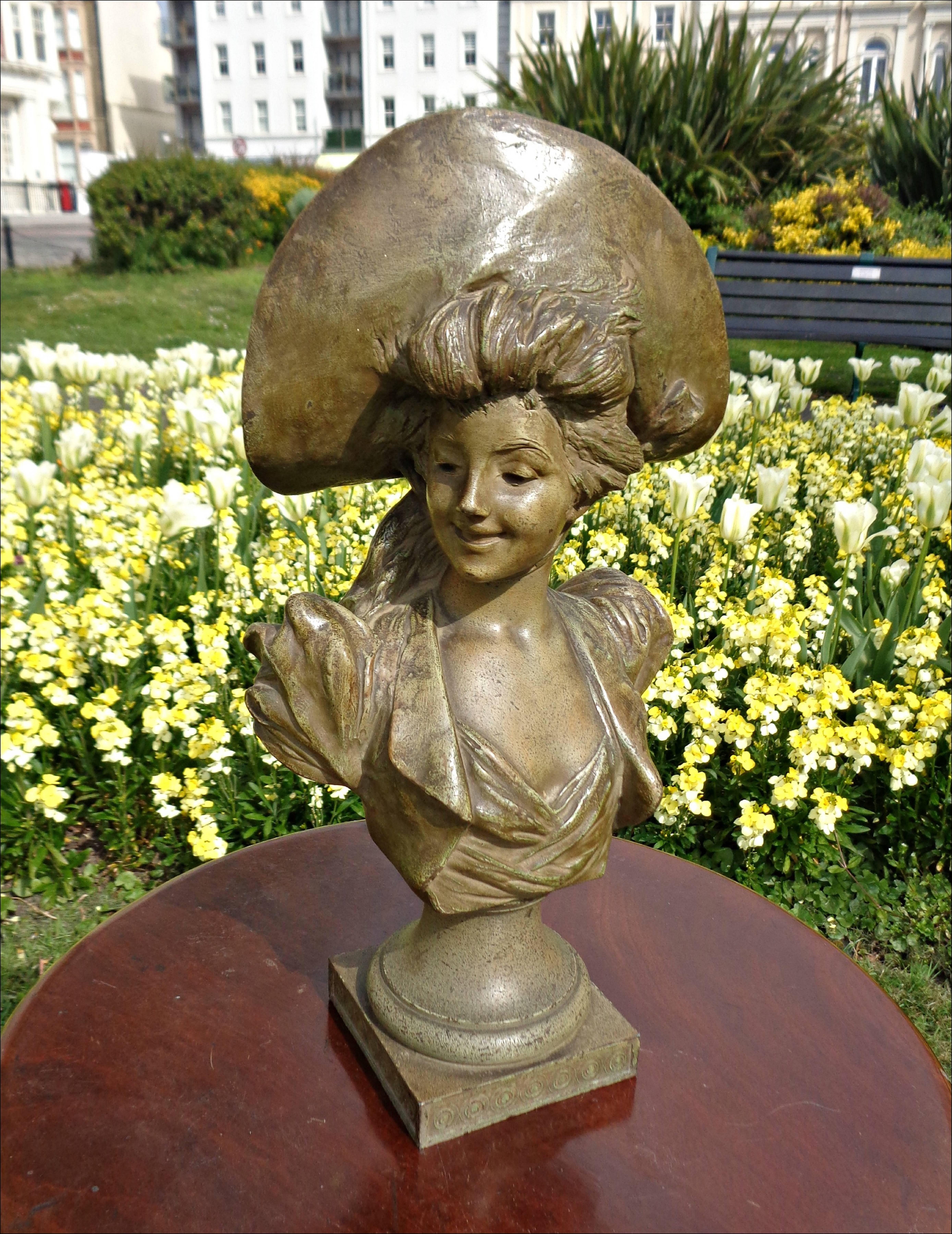 19th Century Antique French Spelter Metal, Bust Portrait of a Lady For Sale