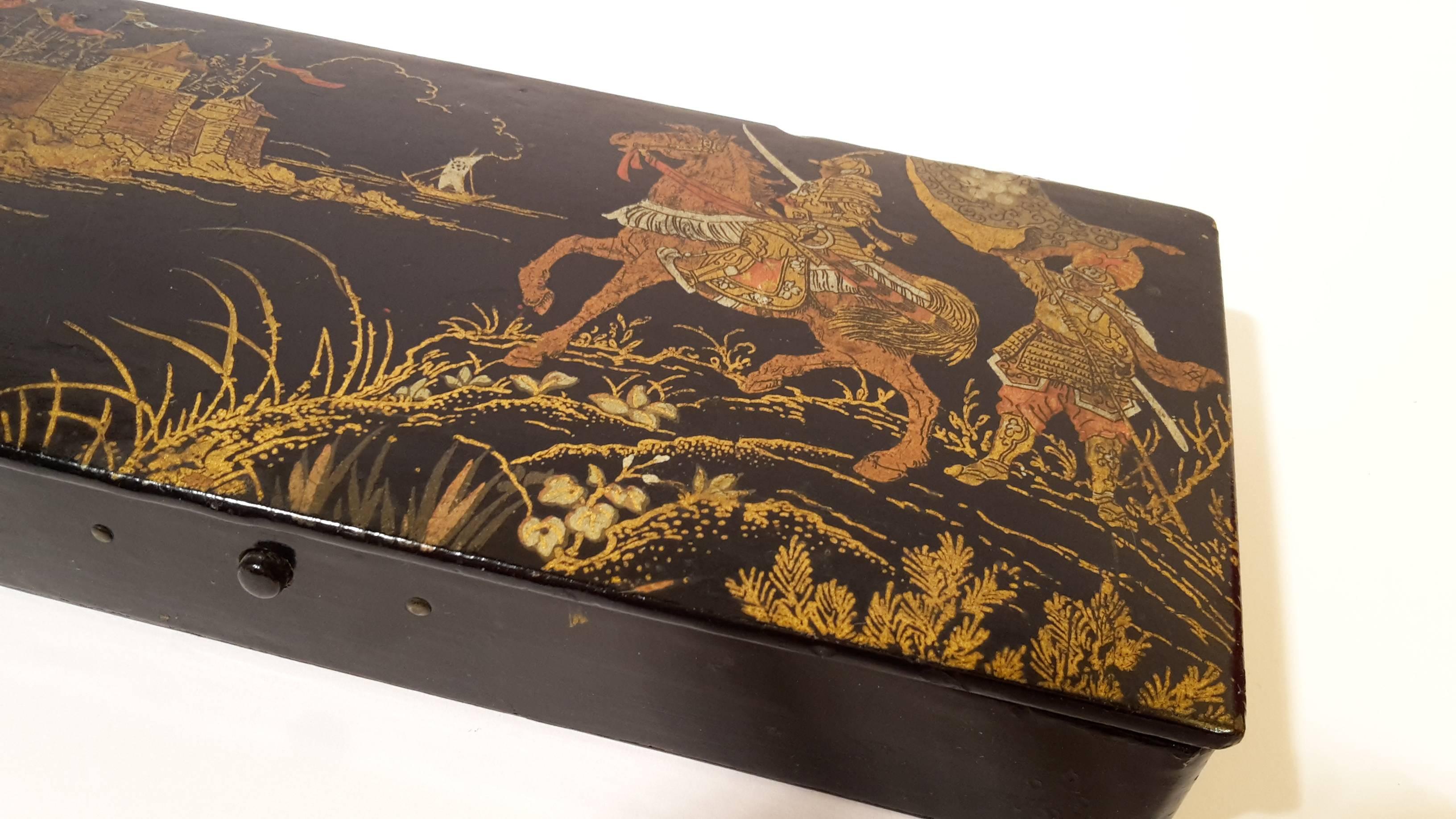 Wood Chinoiserie Nibs Box Depicting a Battle For Sale