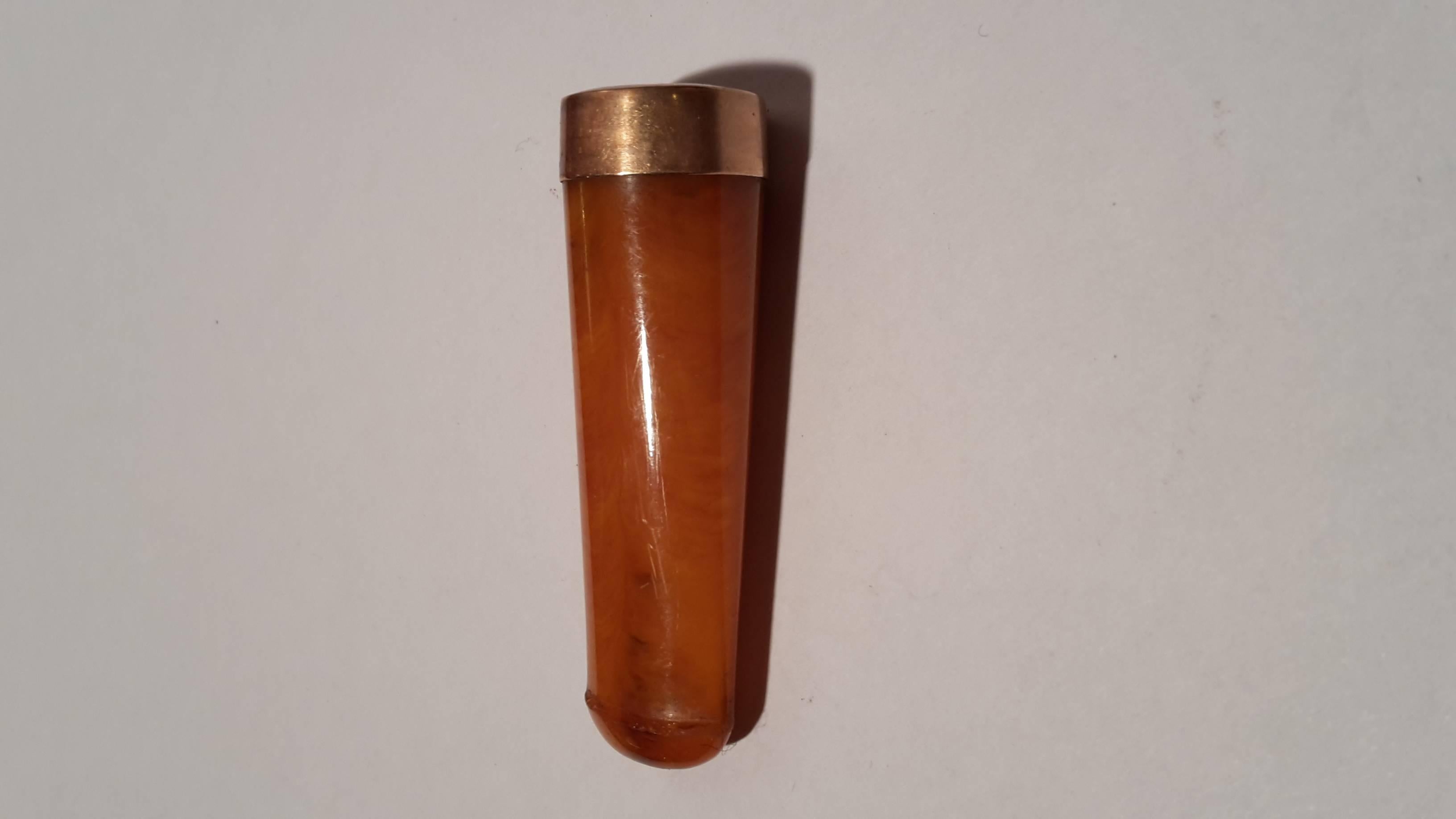 Yellow Gold Cigarette Mouthpiece Silver Case in the Style of Victorian Gold Amber For Sale