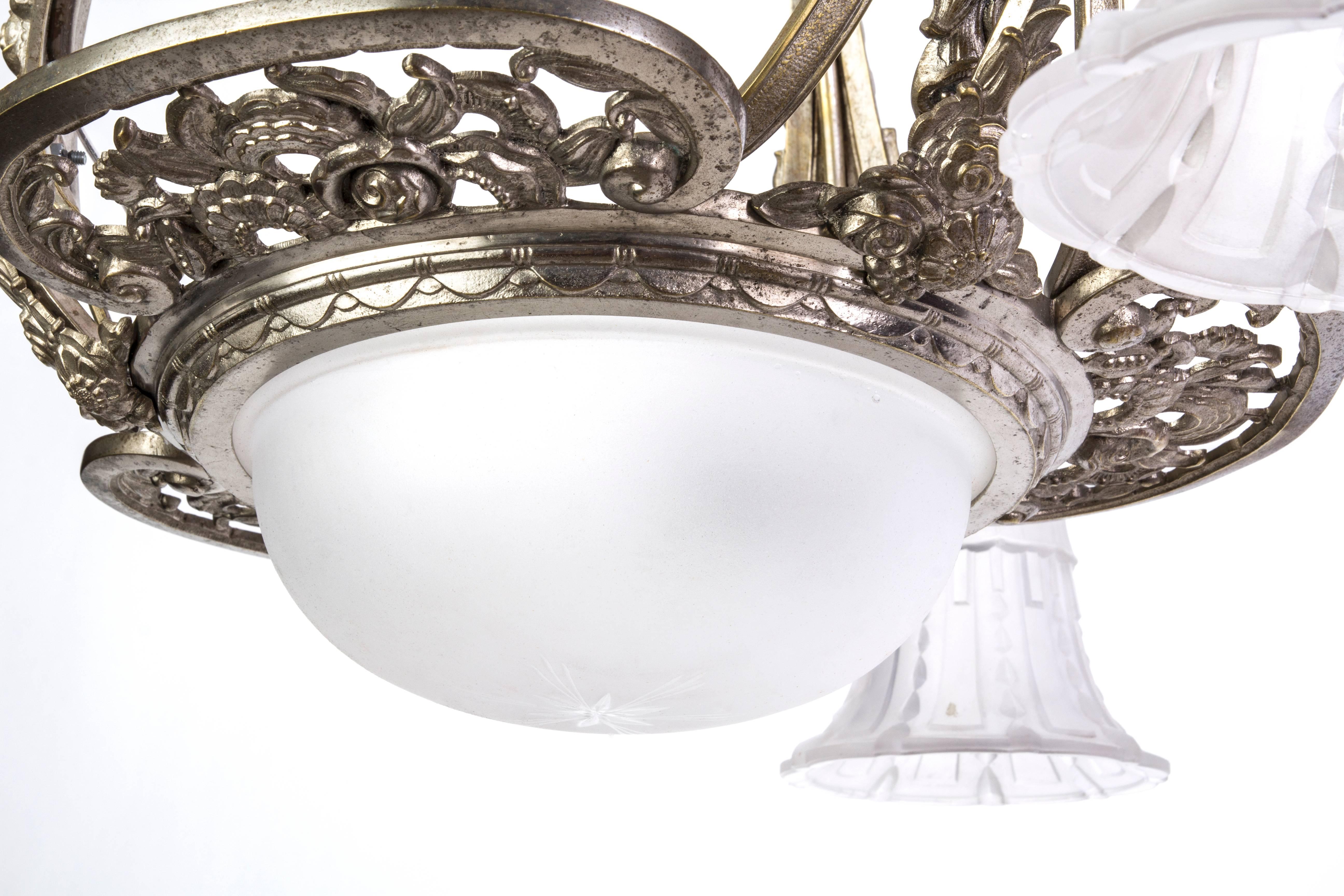 Frosted Stunning Early French Art Deco Chandelier For Sale