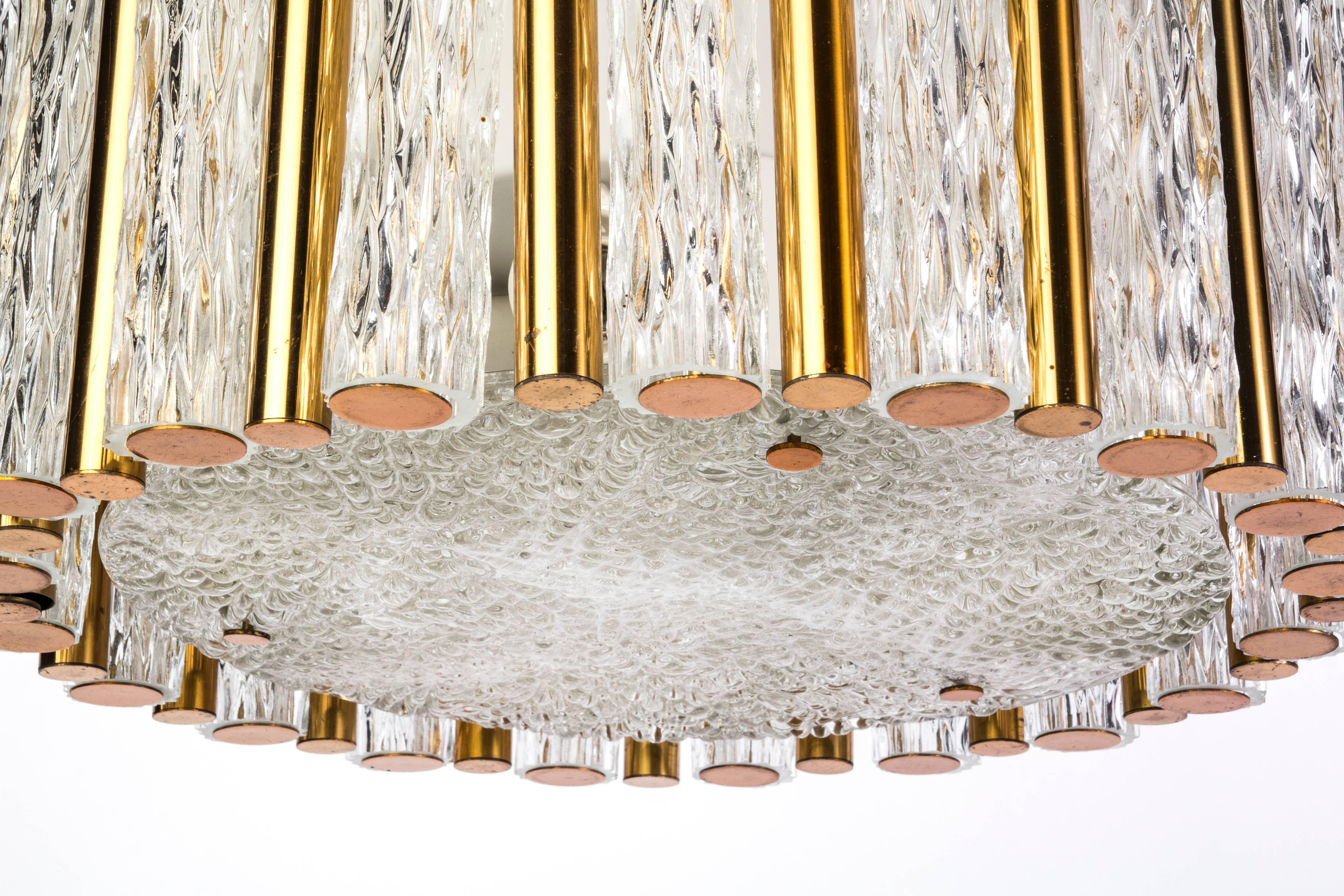 German Exceptional Kaiser Leuchten Chandelier Glass & Brass Drum Shape Ceiling Pendant For Sale