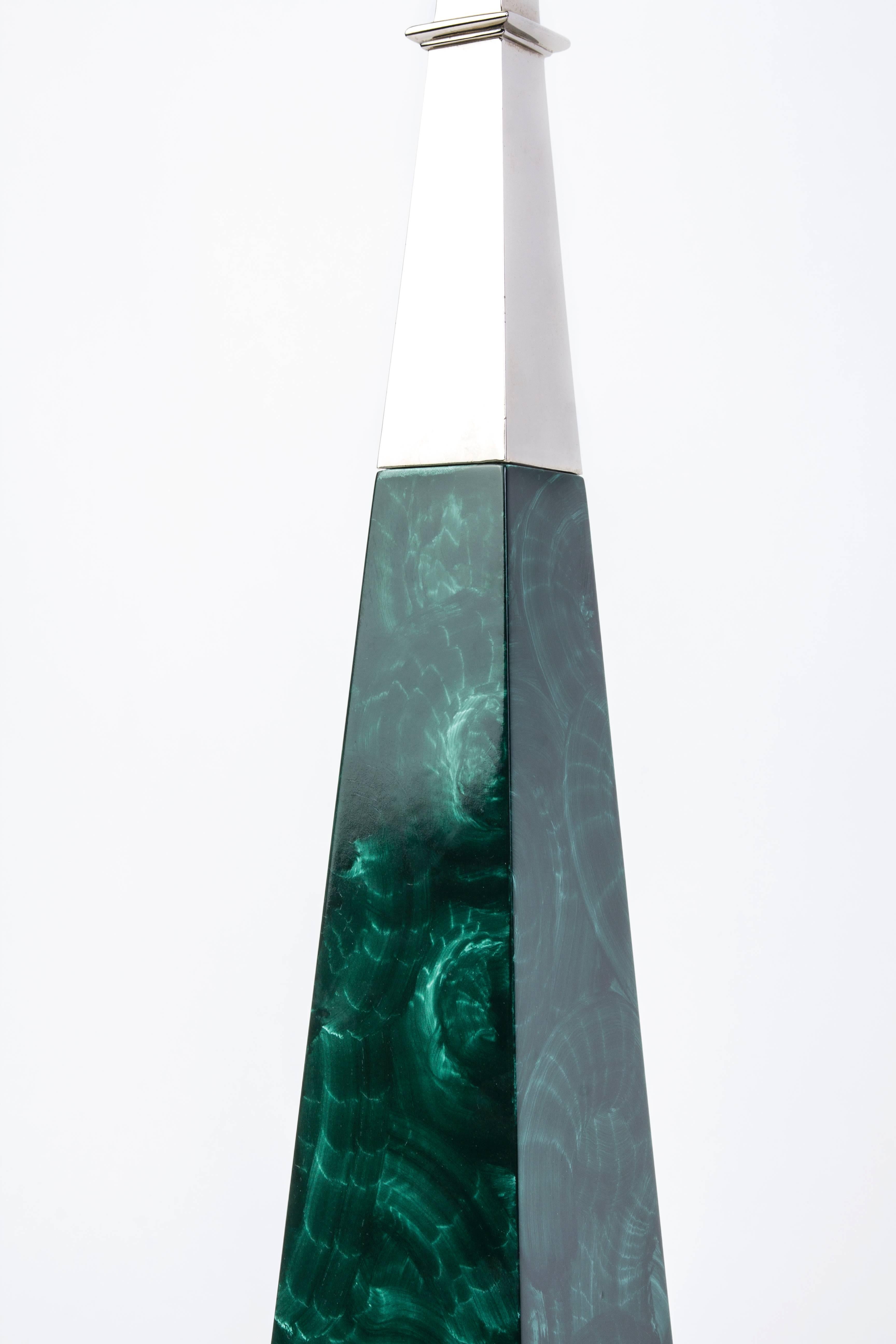 Plated Pair of Mid-Century Modernist Malachite Obelisk Table Lamps by Stiffel