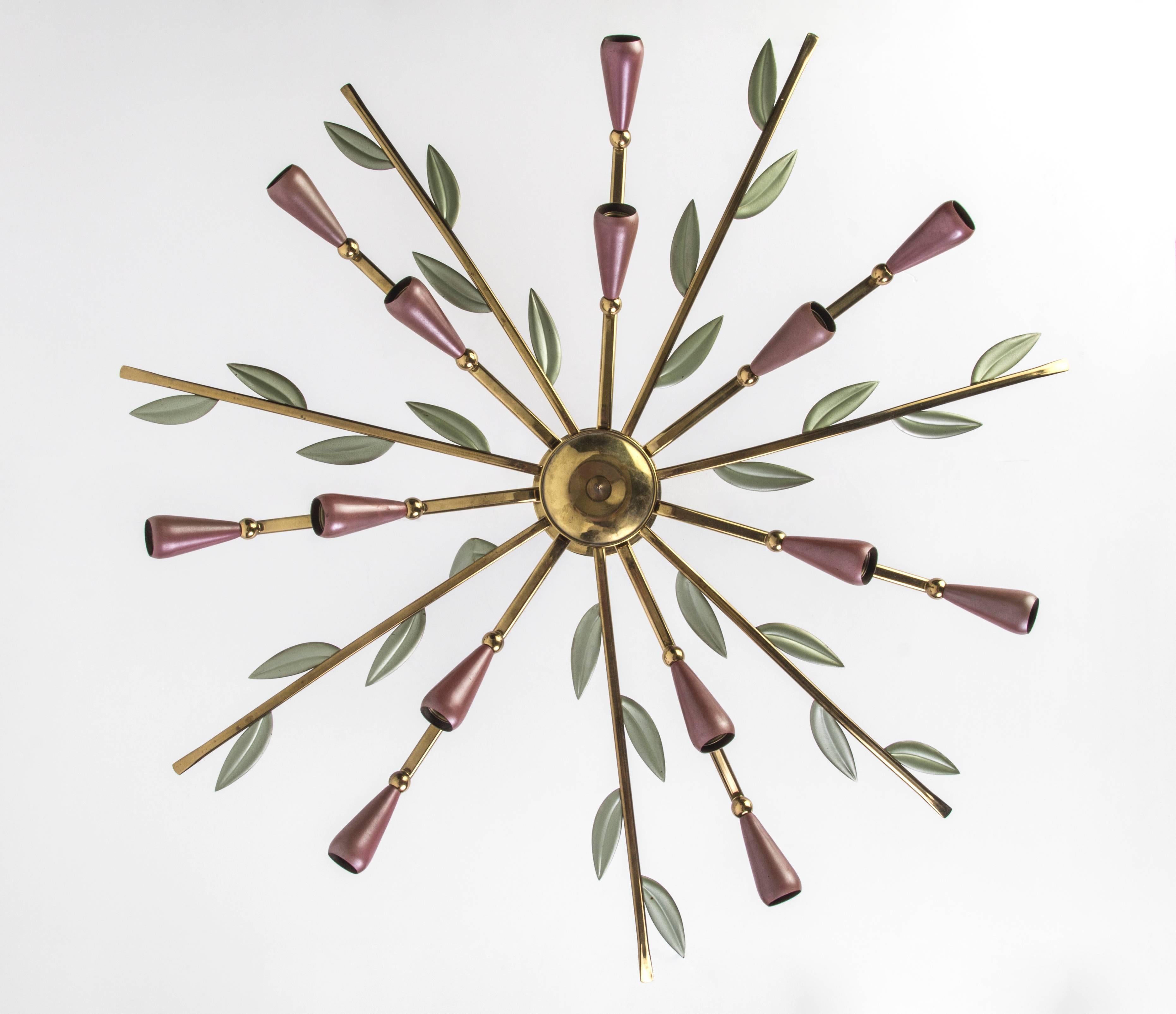 This spectacular floral Sputnik Spider flush mount depicts a brass frames with green enameled leaves and (14) metallic mauve socket cover to mimic flower bulbs.