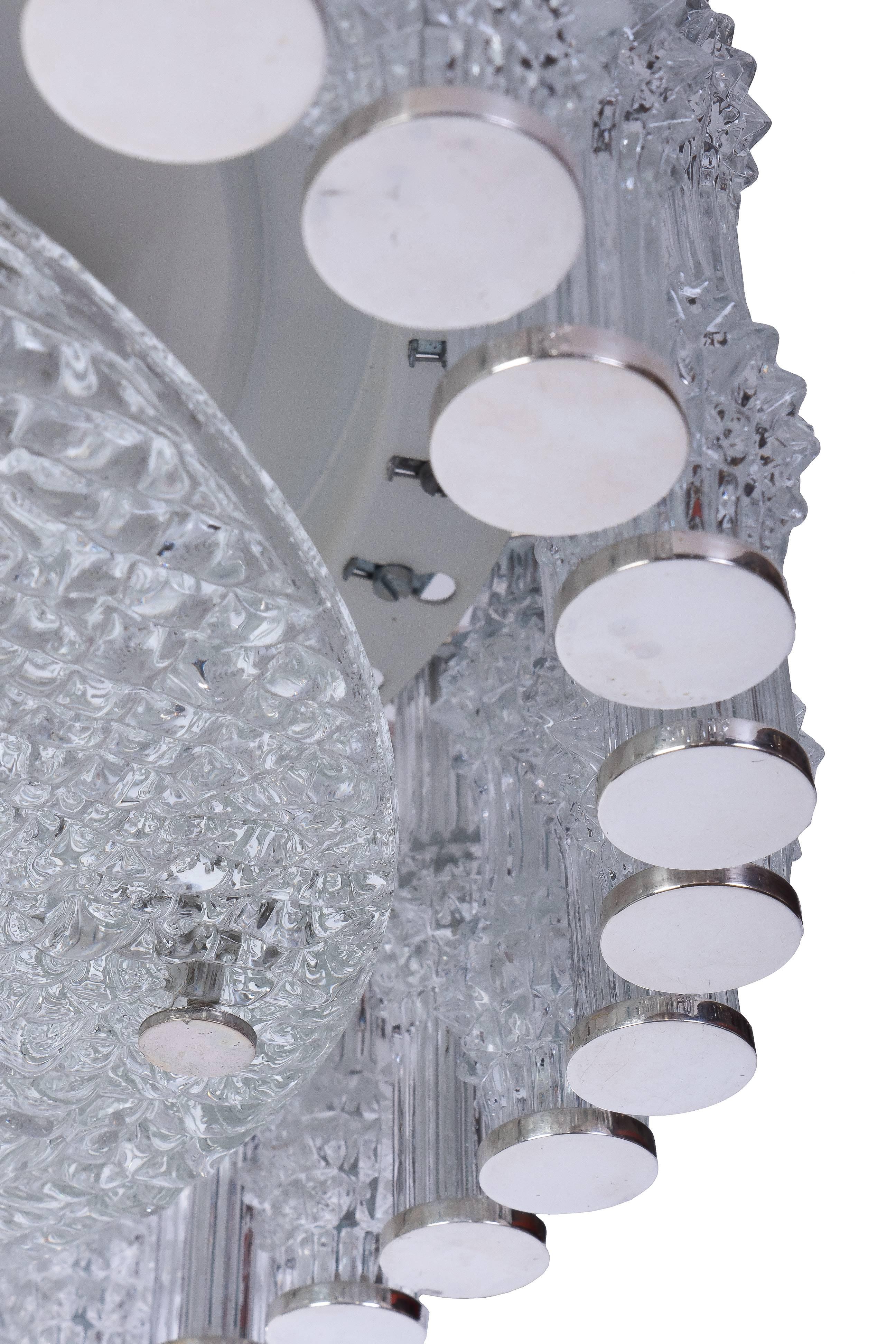 Mid-Century Modern Chic Grand Kaiser Primat Ice Textured Crystal Plafoniere / Flush Mount For Sale
