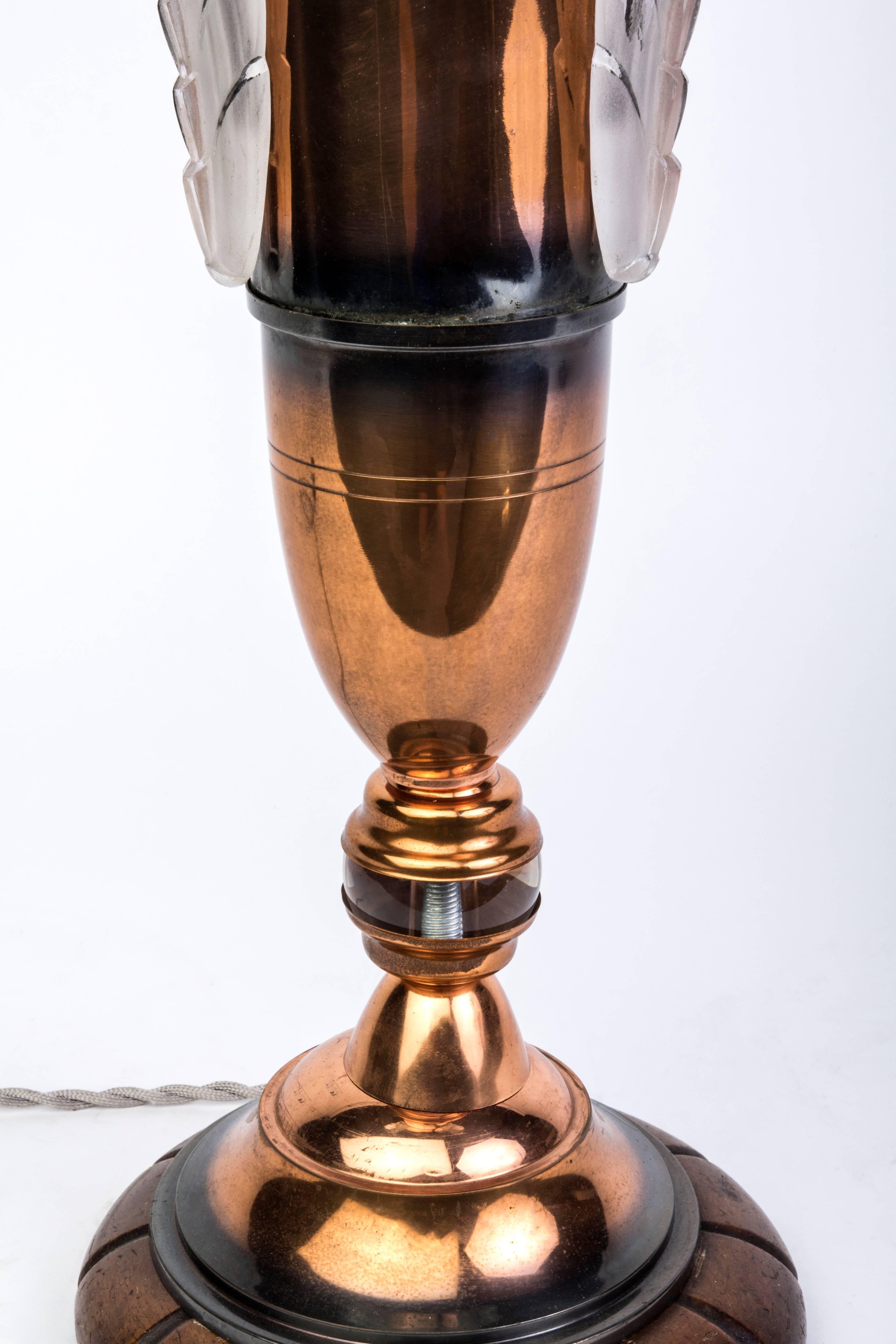 Hand-Carved Chic Copper and Glass Art Deco Urn Lamp