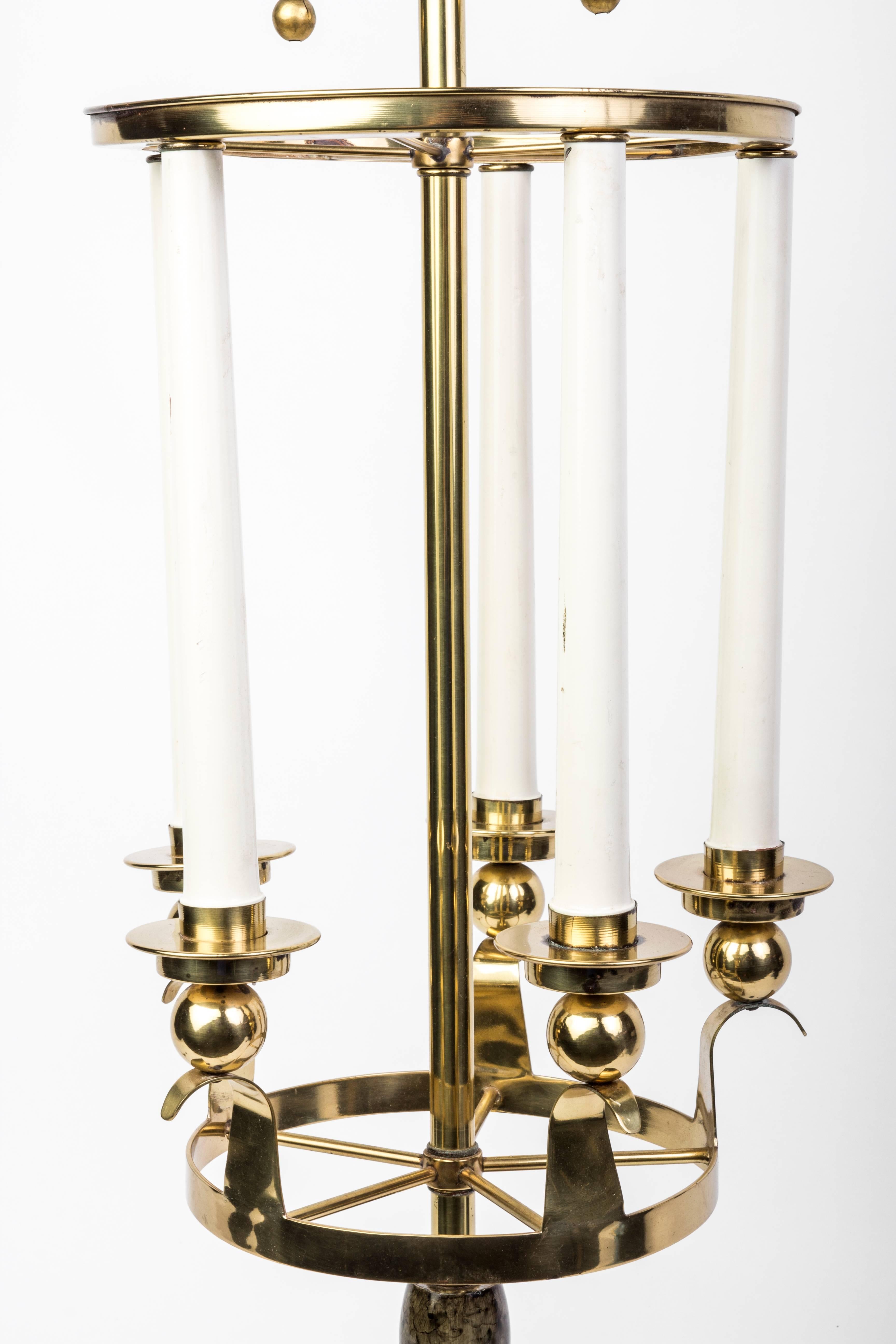 Hollywood Regency Brass Hardware and Faux Marble Base Table Lamp in the Style of Parzinger For Sale
