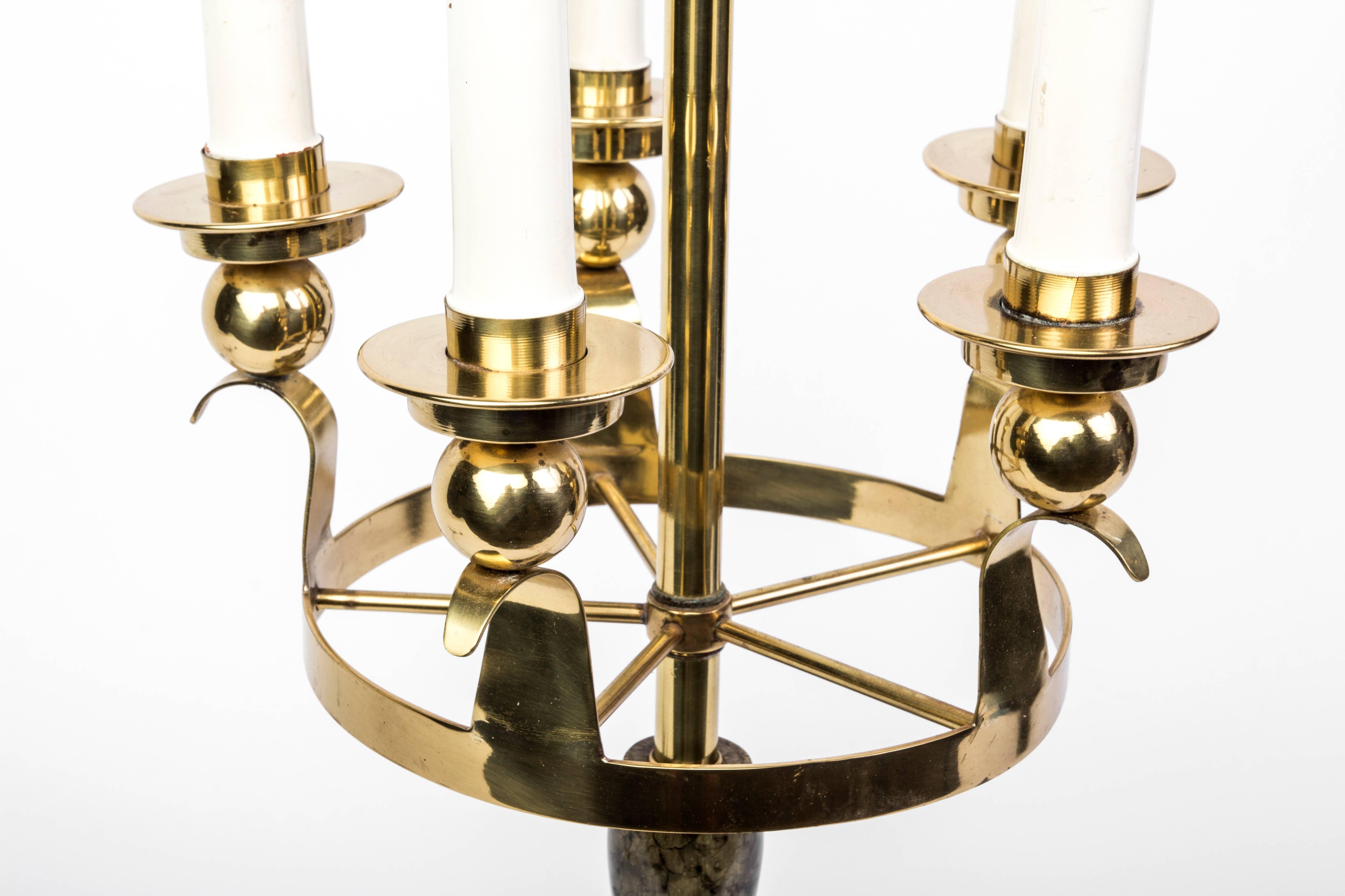 American Brass Hardware and Faux Marble Base Table Lamp in the Style of Parzinger For Sale