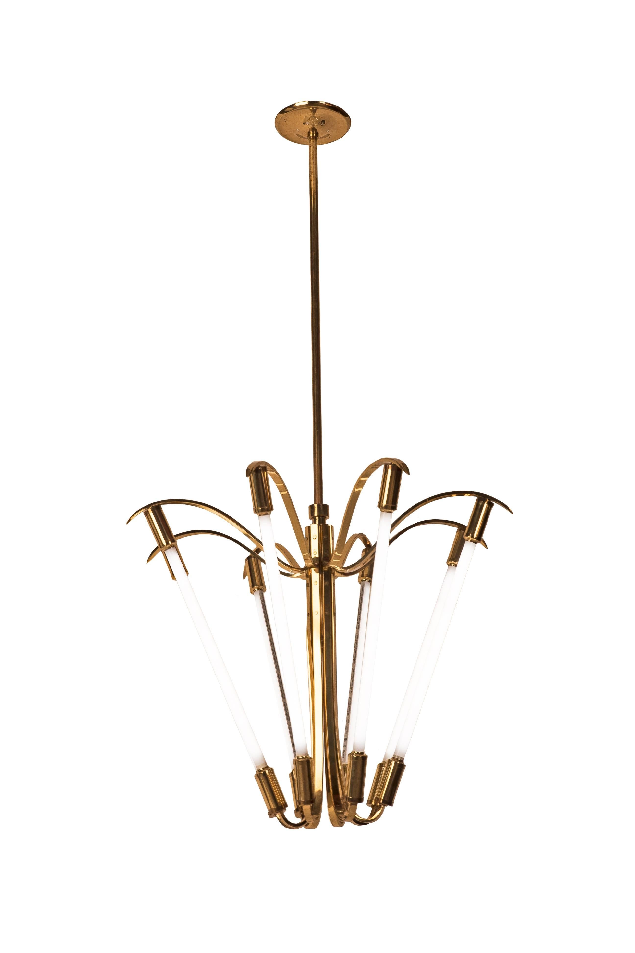 This captivating grand German Art Deco chandelier features a harp form design rewired to take LED tubes for a warmer and softer look. It has a Minimalist design inspired by the Bauhaus movement.