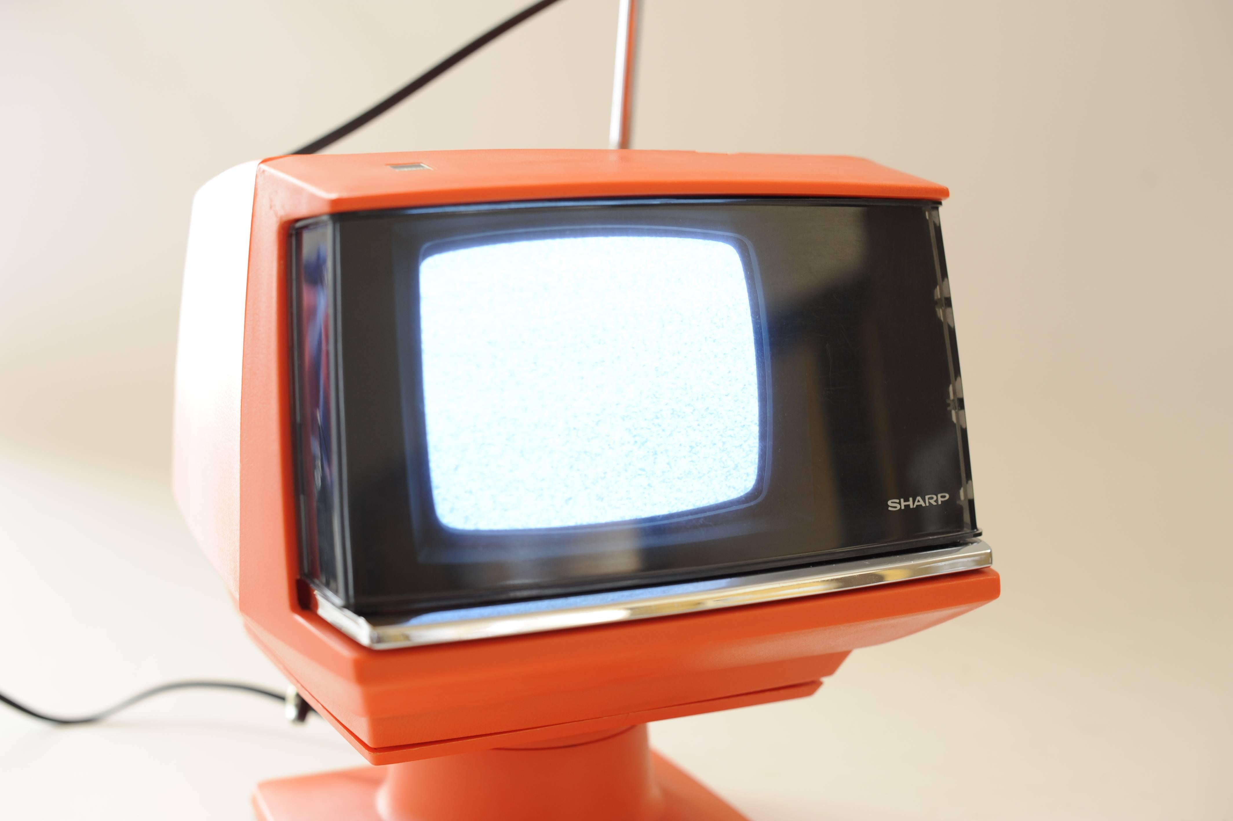 Glass 1970s Vintage Orange Sharp 5P 12G Solid State Portable Cube TV Space Age JPN For Sale