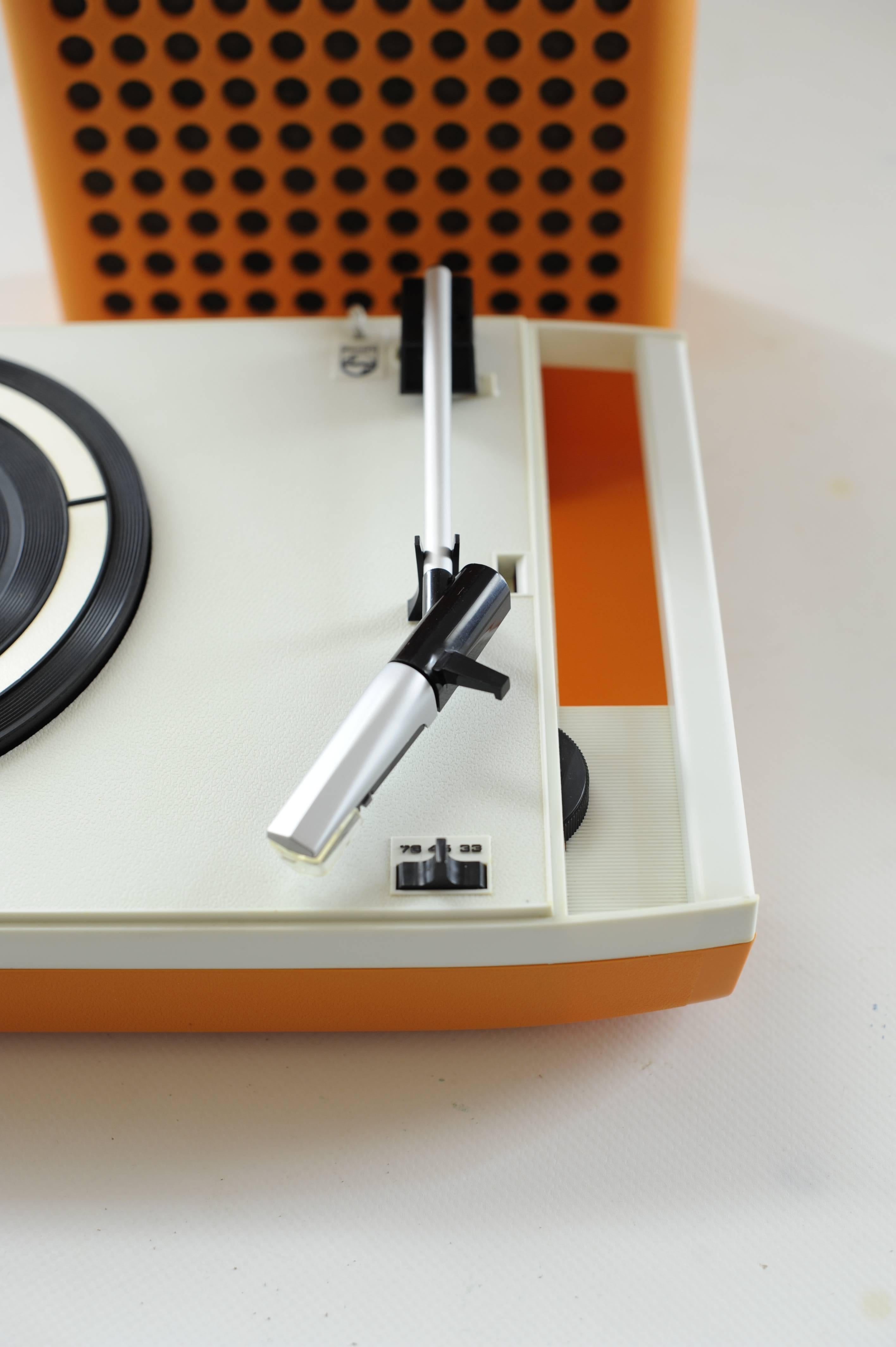 Mid-Century Modern Vintage Serviced Philips 113 Orange Portable Record Player Design Turn Table