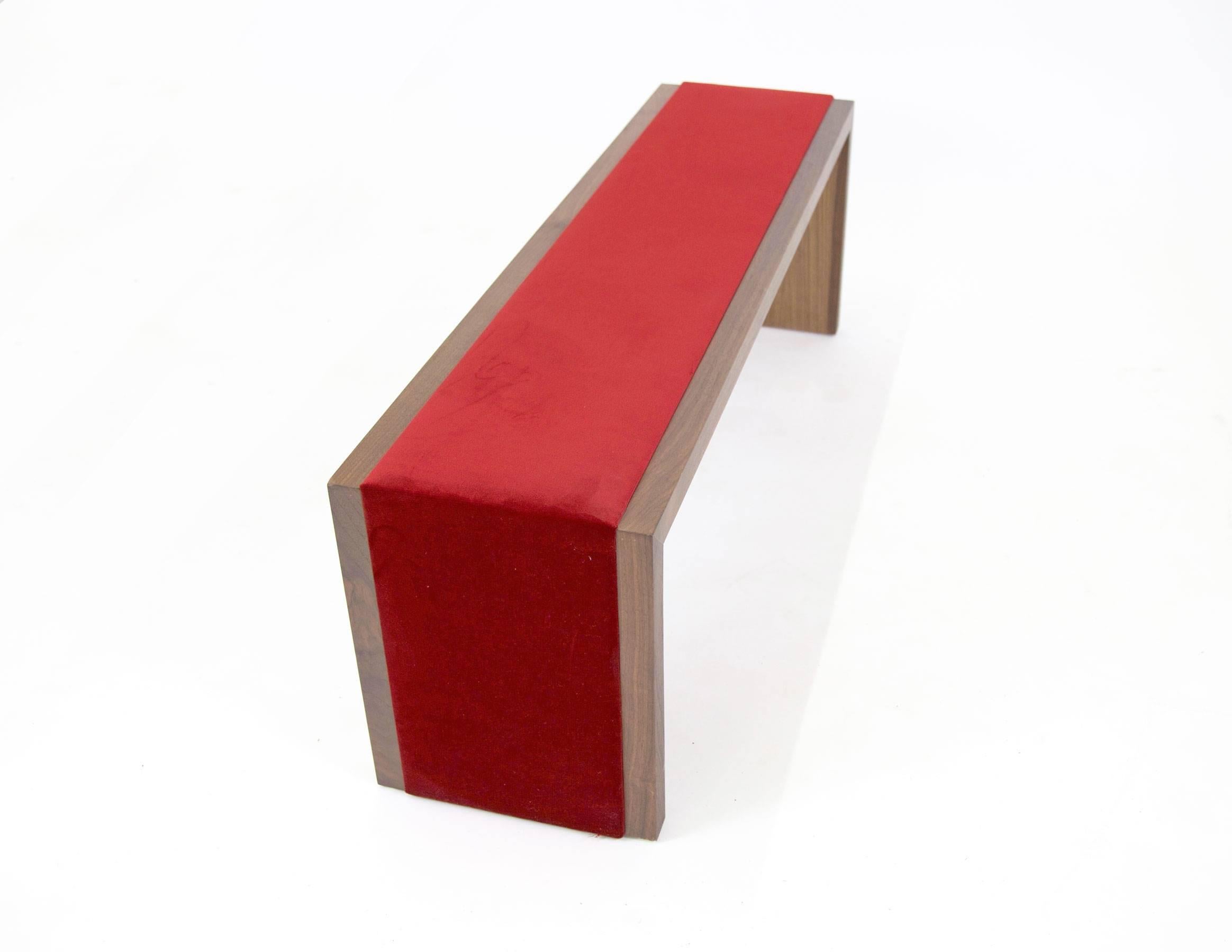 Modern Sentient Walnut Bench with Red Velvet Upholstery