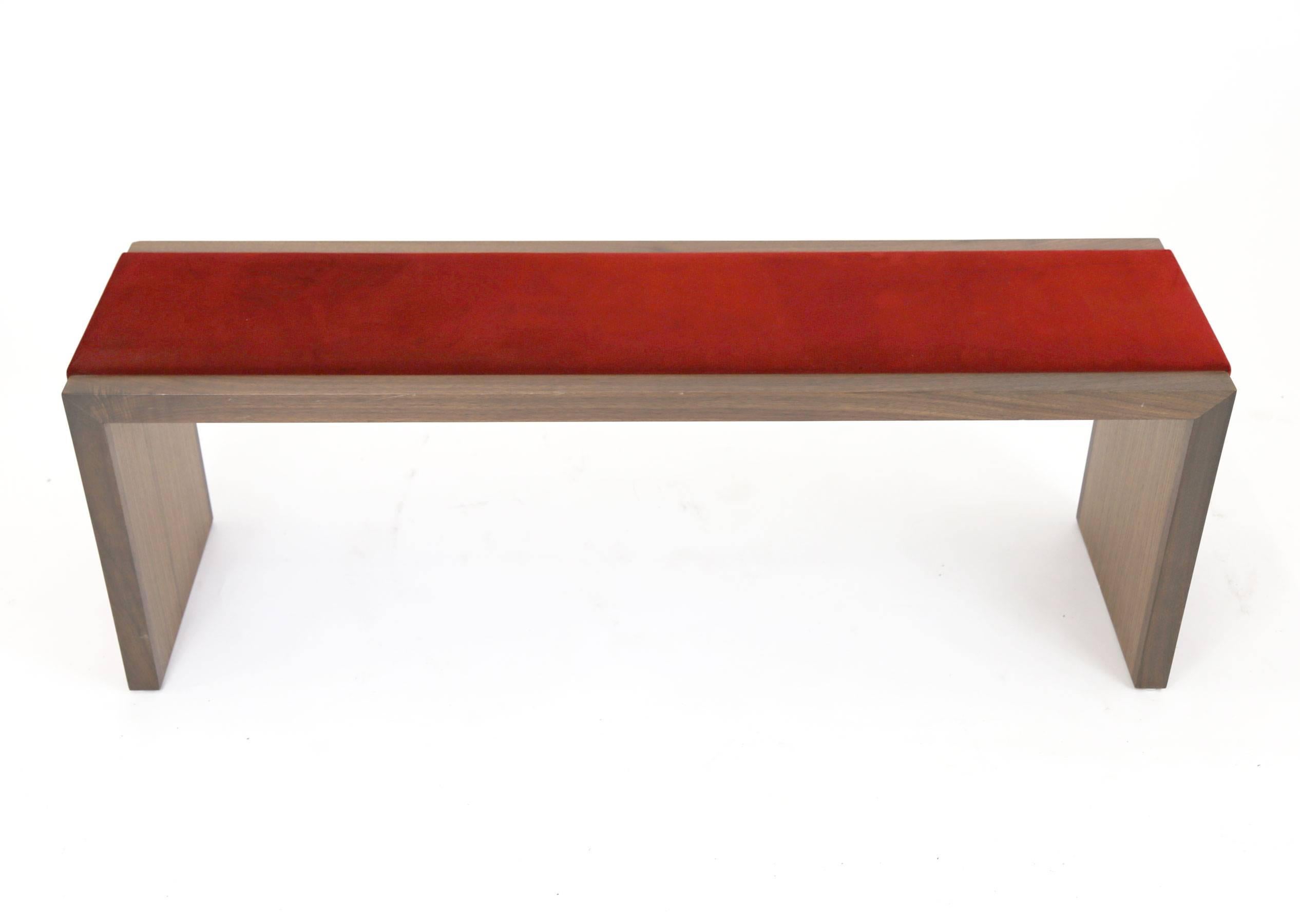 American Sentient Walnut Bench with Red Velvet Upholstery