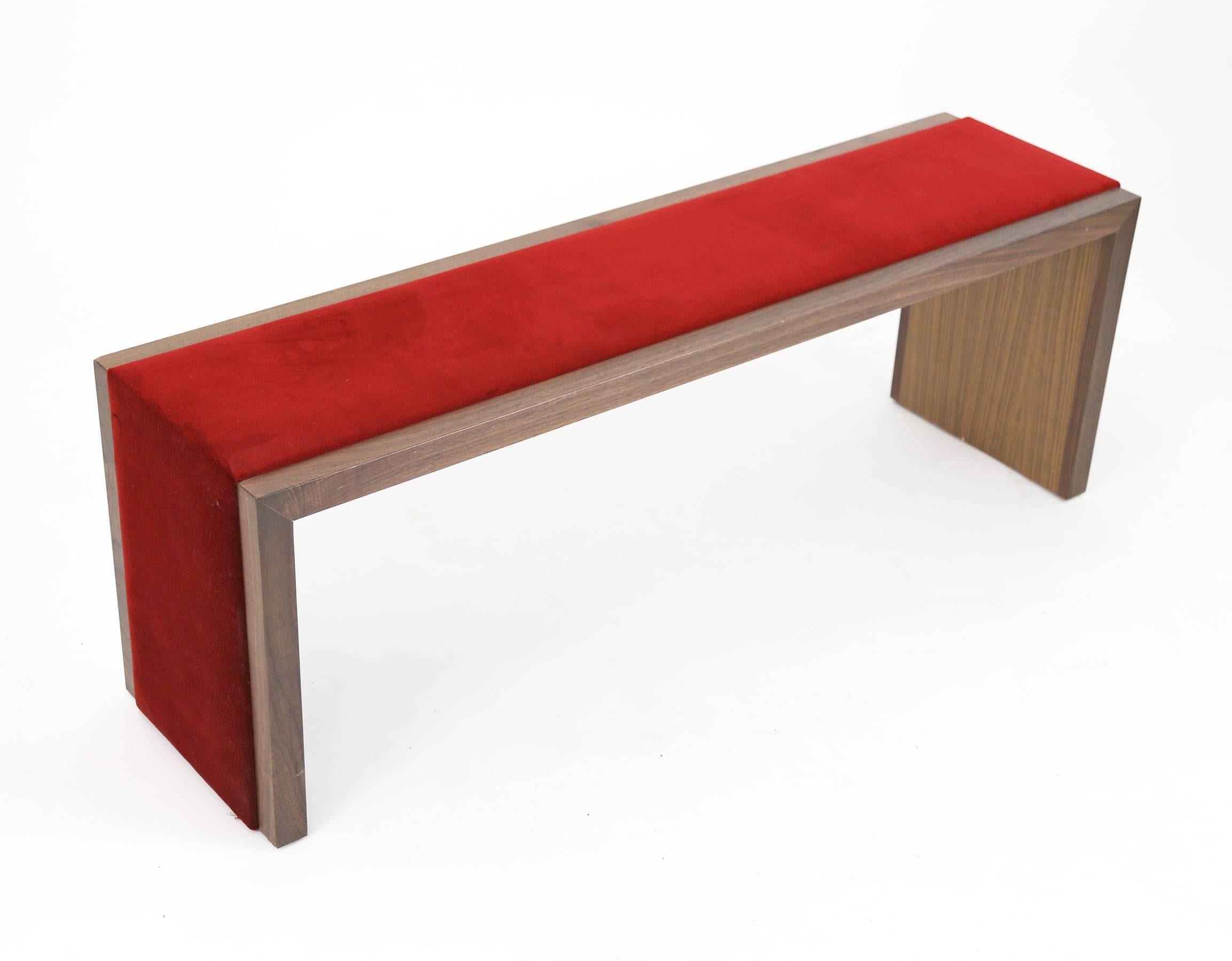 Sentient Walnut Bench with Red Velvet Upholstery 1
