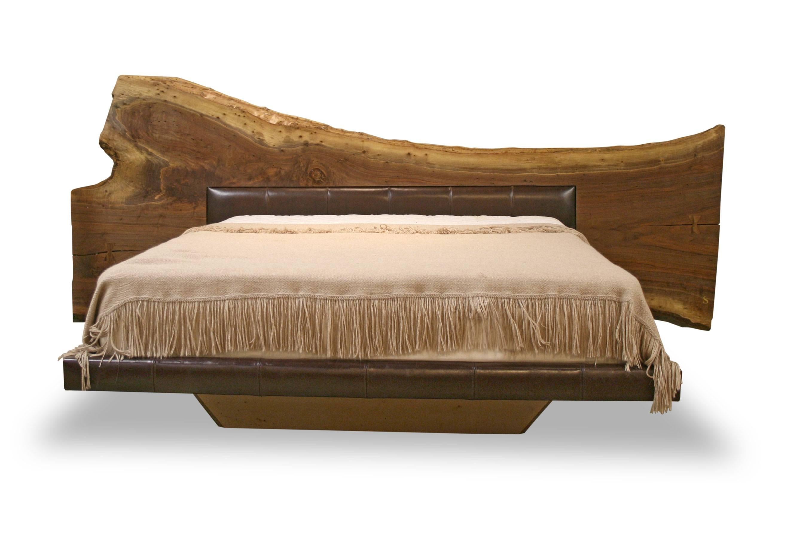 Contemporary Live Edge American Black Walnut Bed Frame with Leather Headboard, Queen Sized
