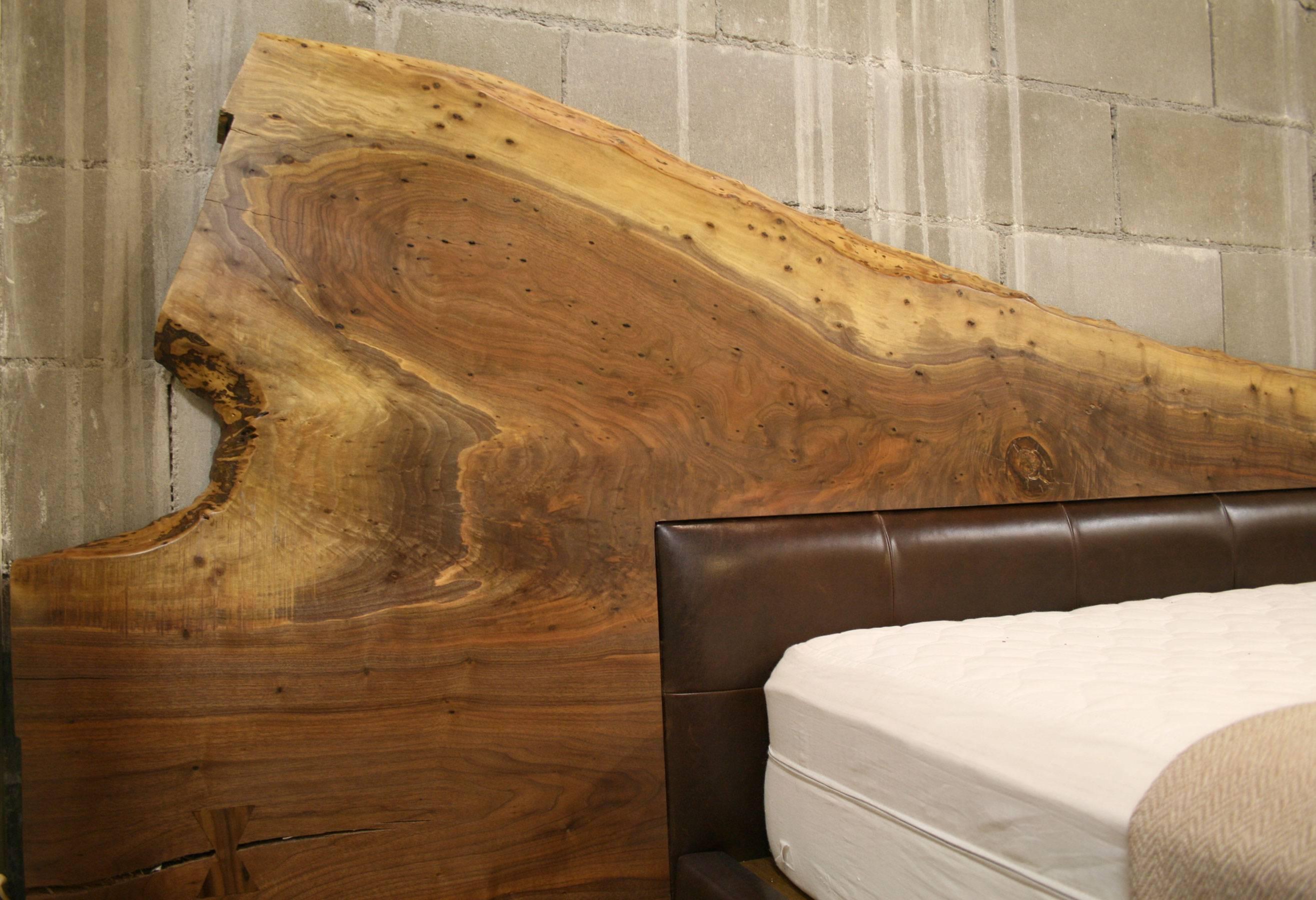 Organic Modern Live Edge American Black Walnut Bed Frame with Leather Headboard, Queen Sized