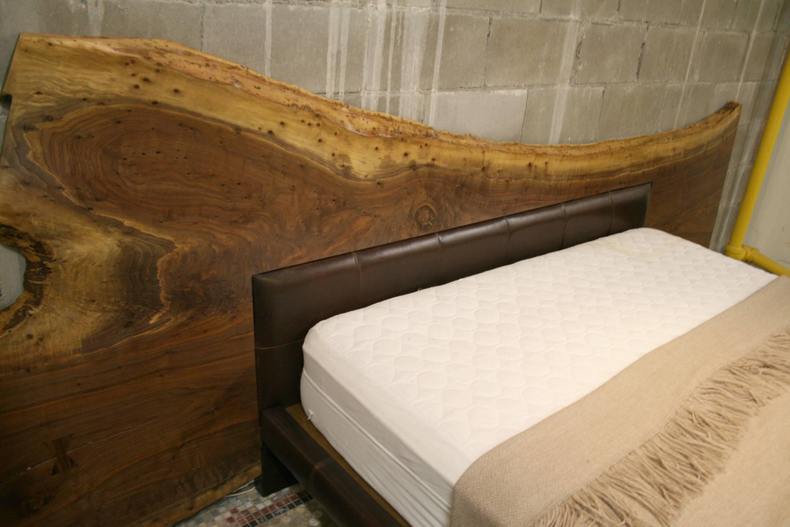 Live Edge American Black Walnut Bed Frame with Leather Headboard, Queen Sized In Excellent Condition In Brooklyn, NY