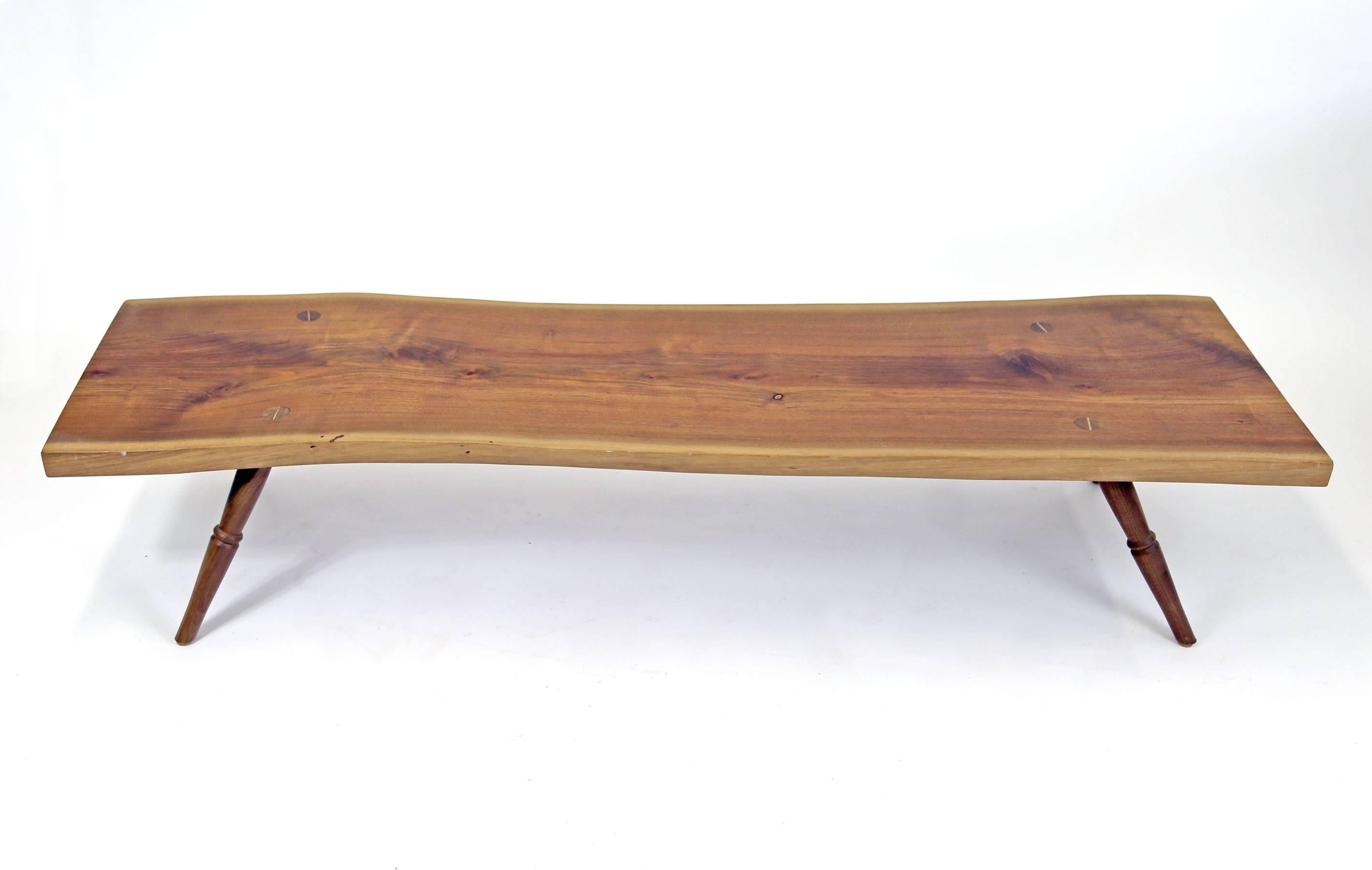 Organic Modern Shimna Handmade Amish Walnut Live Edge Slab Coffee Table with Turned Legs For Sale