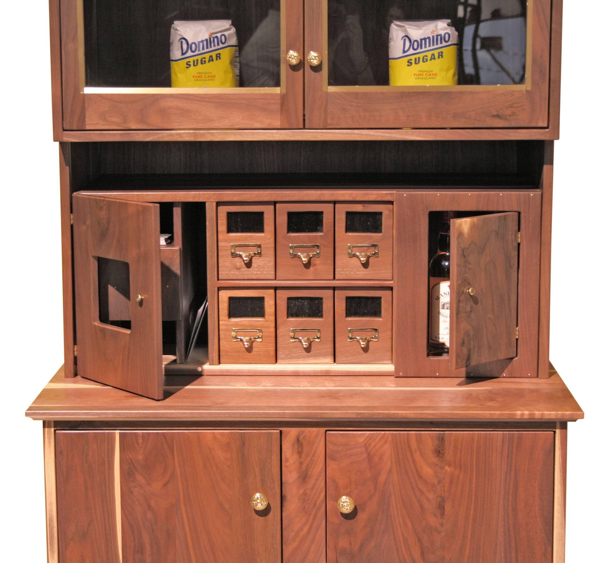 American Craftsman Shimna Tall China Cabinet or Pantry in Walnut and Brass with Hollander Glass For Sale