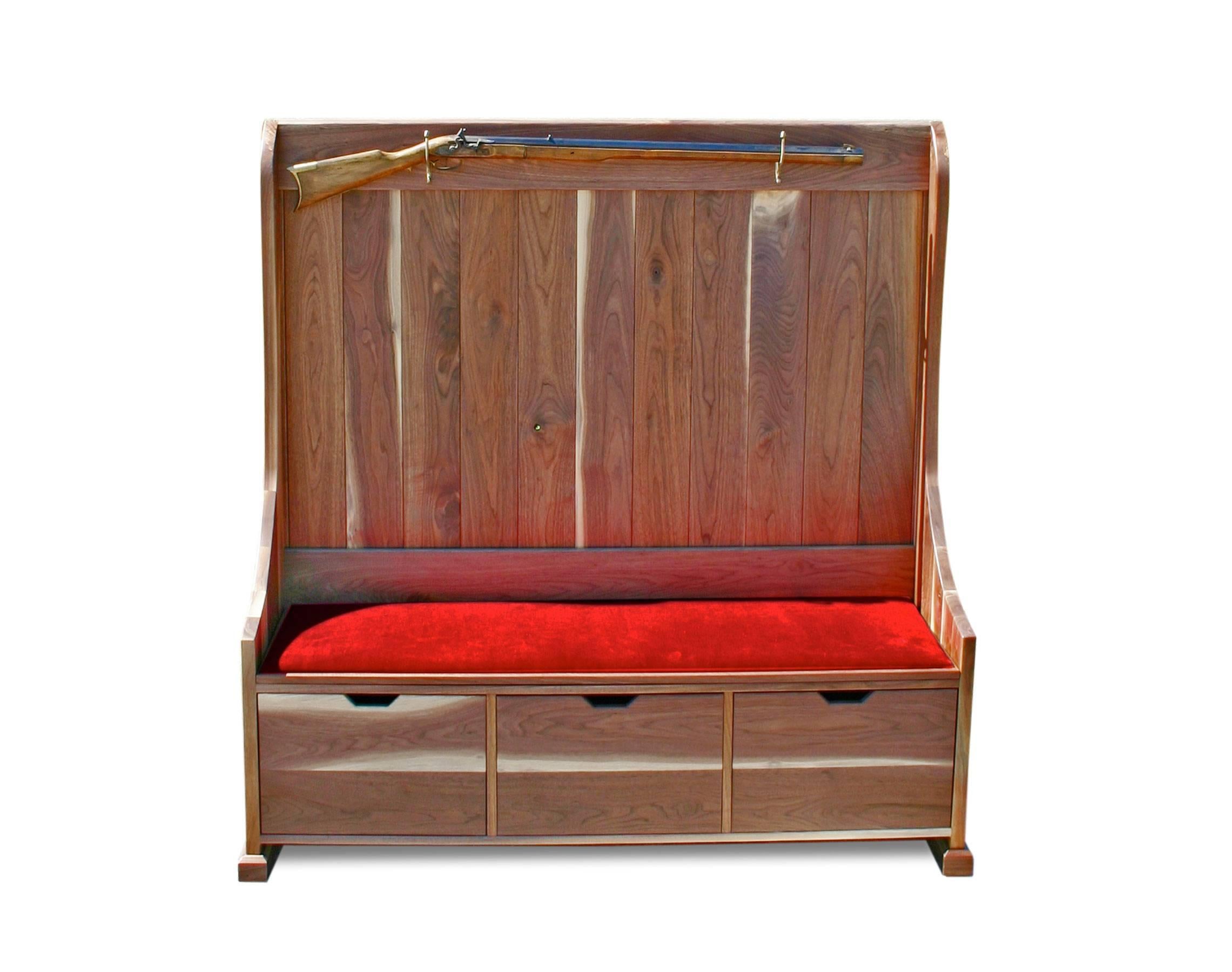 Traditional Deacon's bench with three storage drawers underneath and two coat hooks. Perfect for a mudroom or hallway. This Classic piece was made for the 2011 International Contemporary Furniture Fair and is a one of a kind prototype. 

The bench