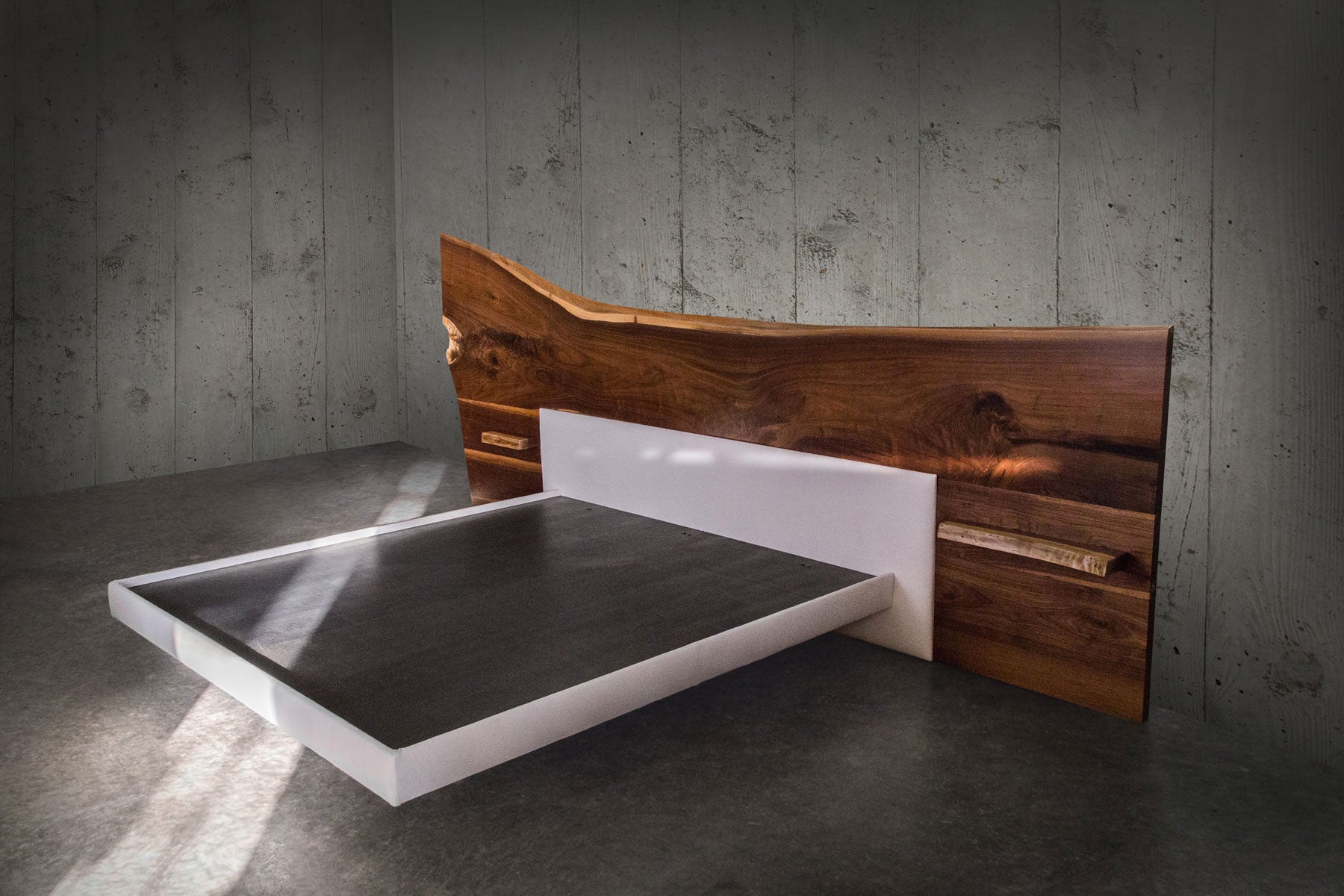 Sentient Live Edge Bed Black American Walnut Slab Queen Sized Sentient Live Edge Bed Black American Walnut Slab Queen Sized Leather Upholstery For At 1stdibs