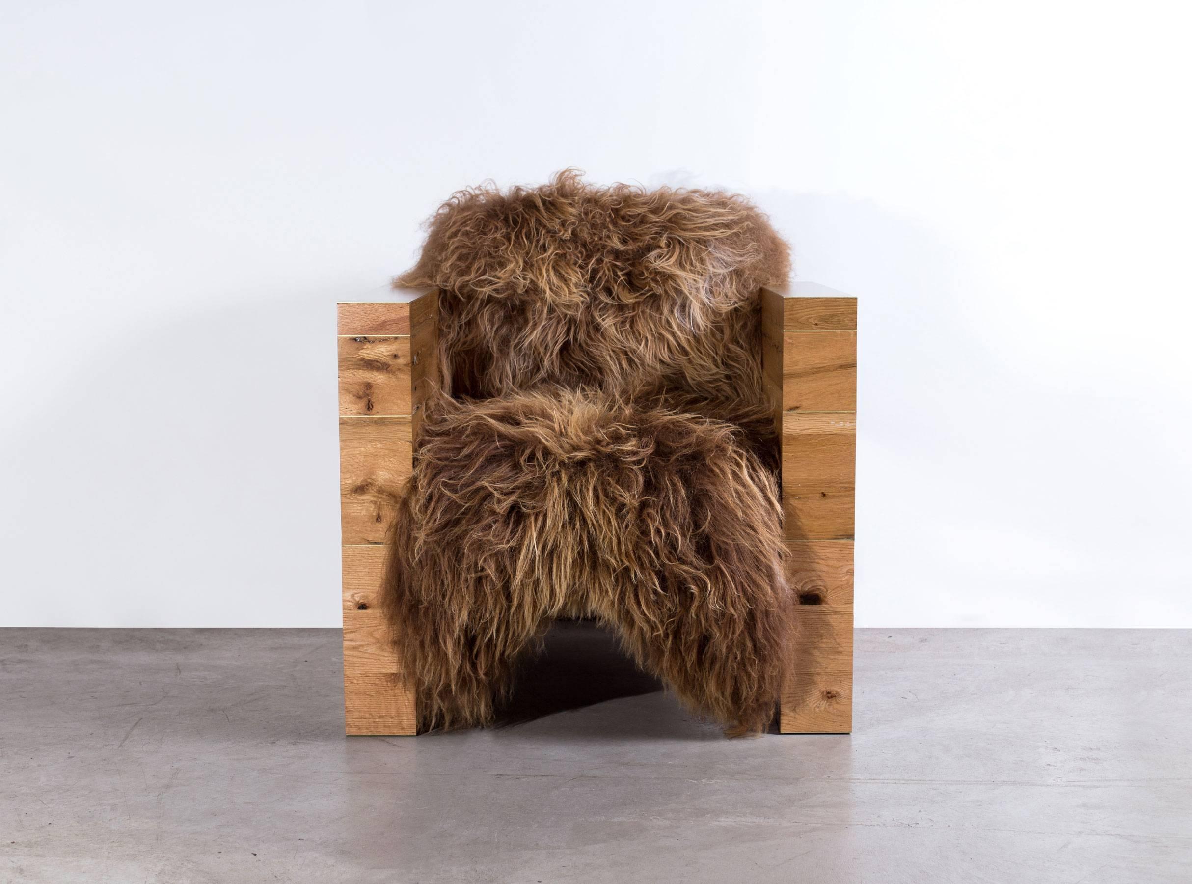 American Sentient Joojay Reclaimed Oak and Icelandic Long Wool Skin Armchair For Sale