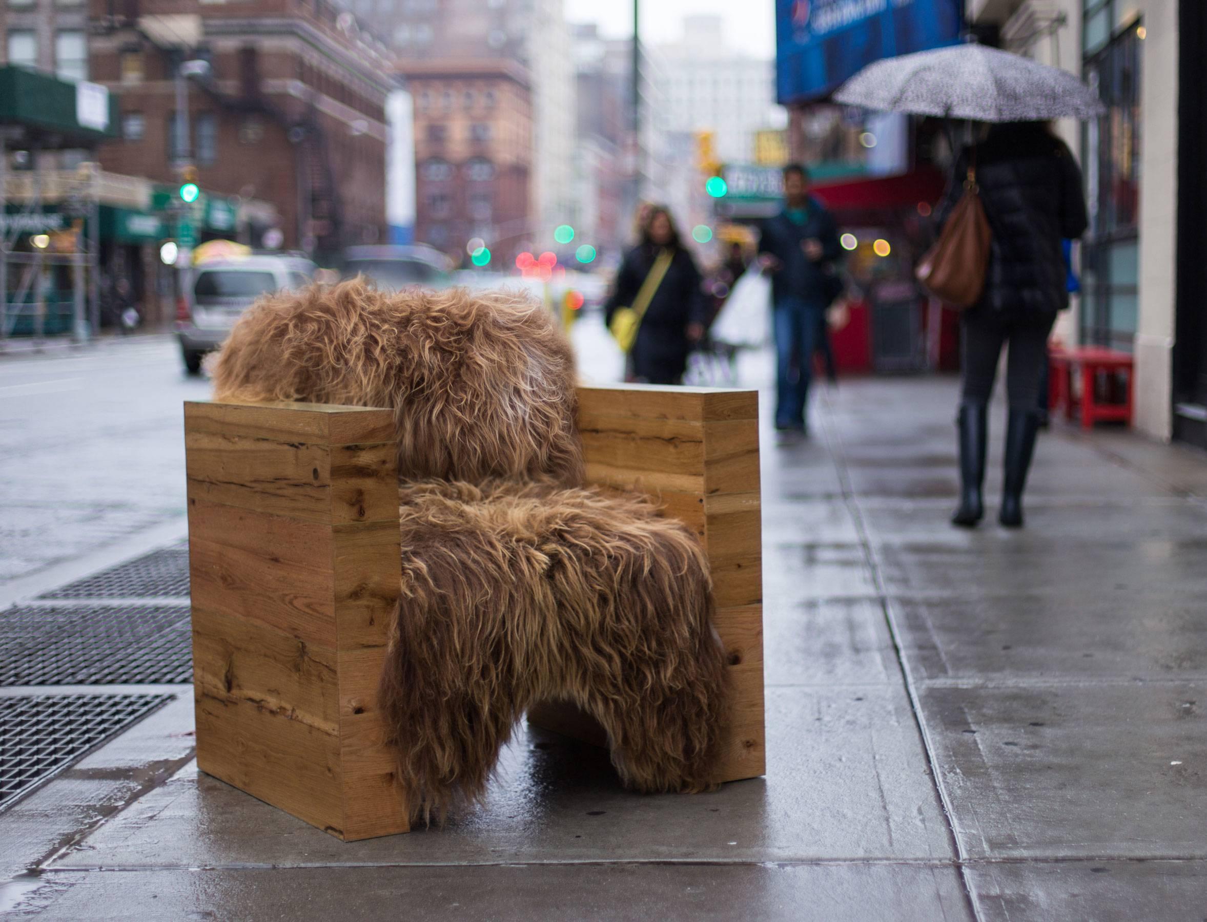 Sentient Joojay Reclaimed Oak and Icelandic Long Wool Skin Armchair In Excellent Condition For Sale In Brooklyn, NY