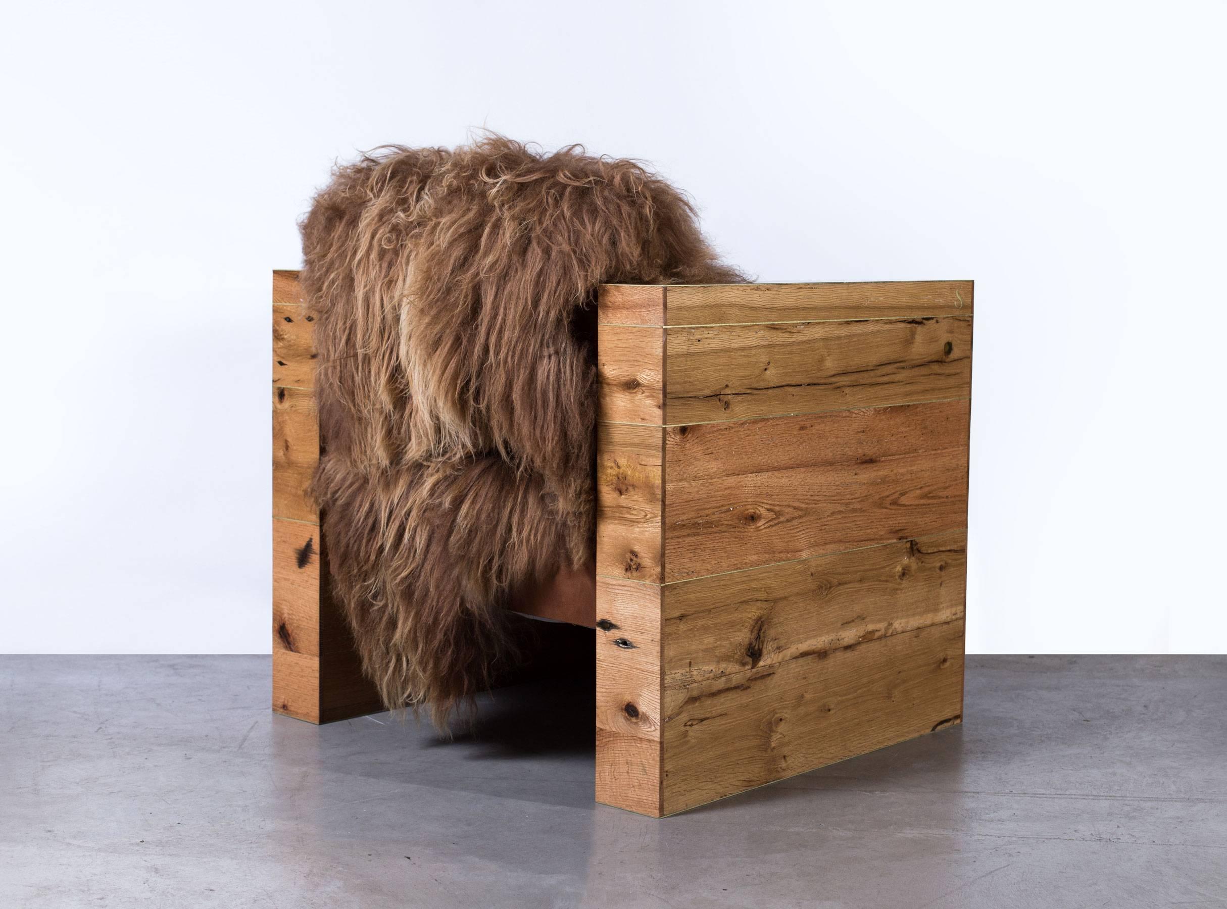 Organic Modern Sentient Joojay Reclaimed Oak and Icelandic Long Wool Skin Armchair For Sale