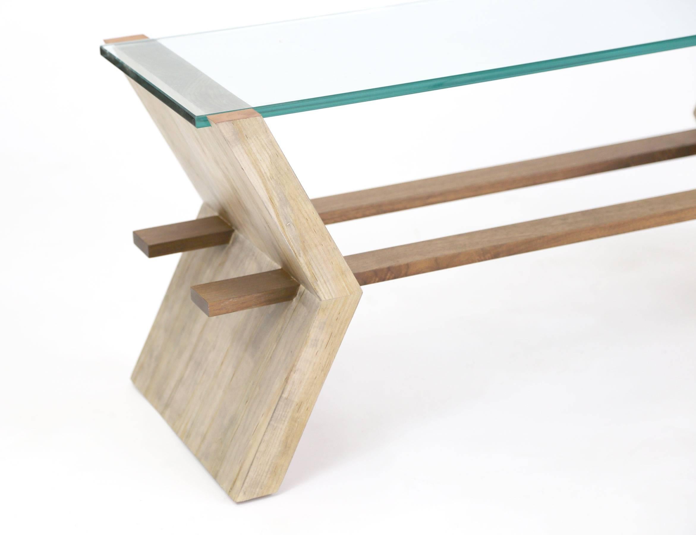 Contemporary Sentient 'Friends' Coffee Table in Maple, Walnut, Glass and Copper For Sale