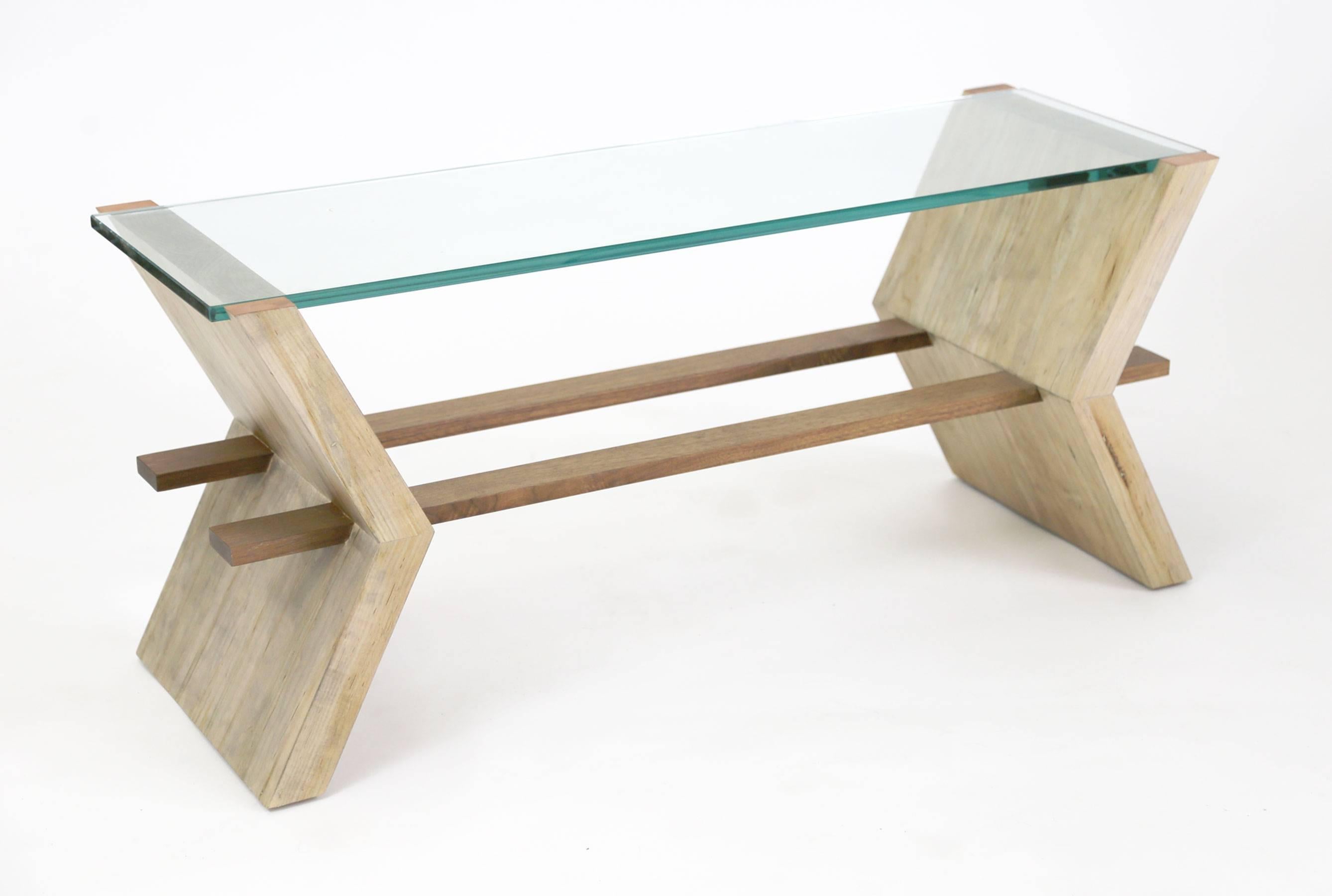 Brutalist Sentient 'Friends' Coffee Table in Maple, Walnut, Glass and Copper For Sale