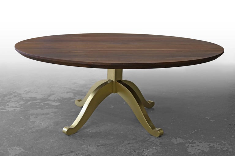 Large Round Walnut Table with Brass Wishbone Pedestal Base For Sale at