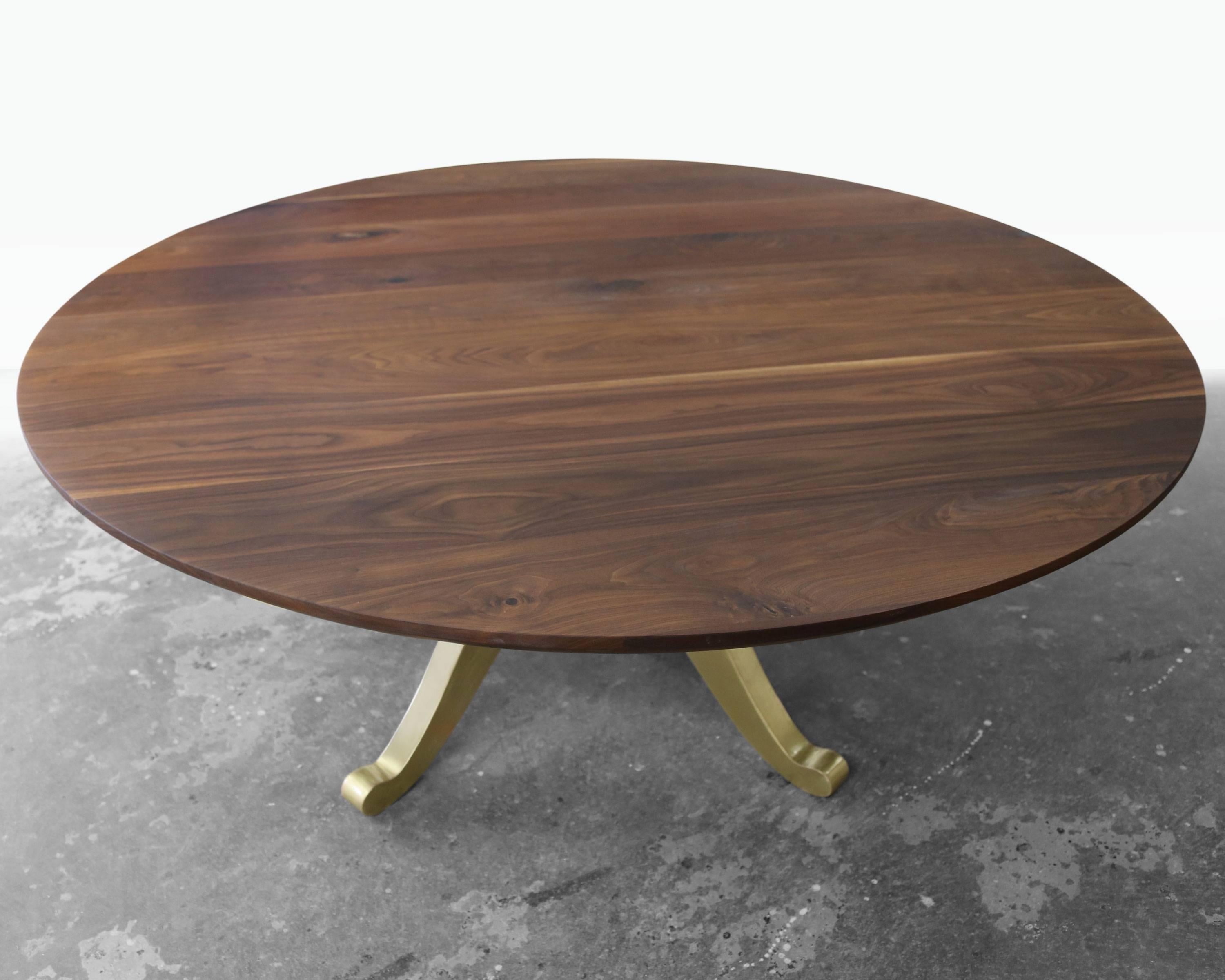 Large Round Walnut Table with Brass Wishbone Pedestal Base In New Condition For Sale In Brooklyn, NY