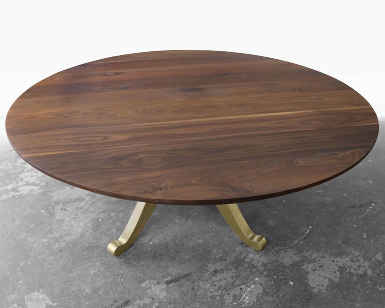 Large Round Walnut Table with Brass Wishbone Pedestal Base For Sale at
