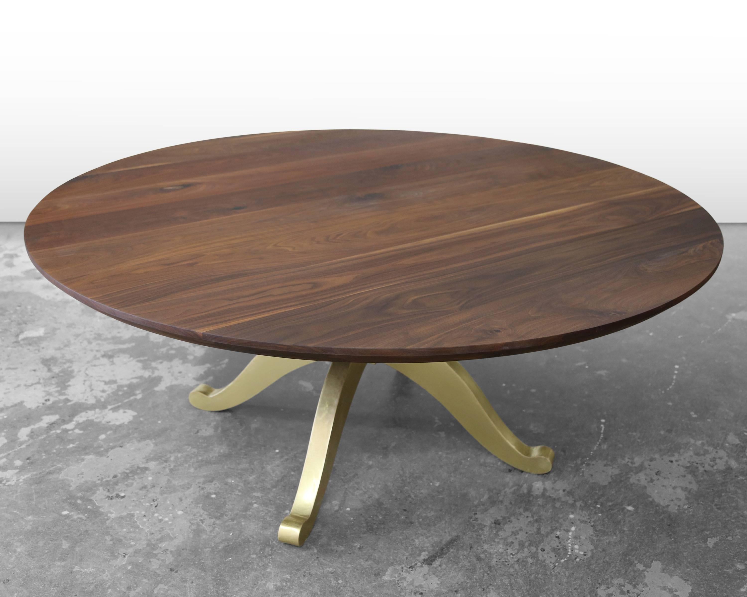 Organic Modern Large Round Walnut Table with Brass Wishbone Pedestal Base For Sale
