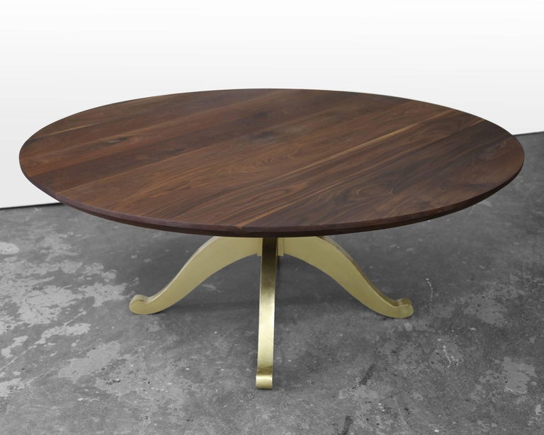 Large Round Walnut Table with Brass Wishbone Pedestal Base For Sale at