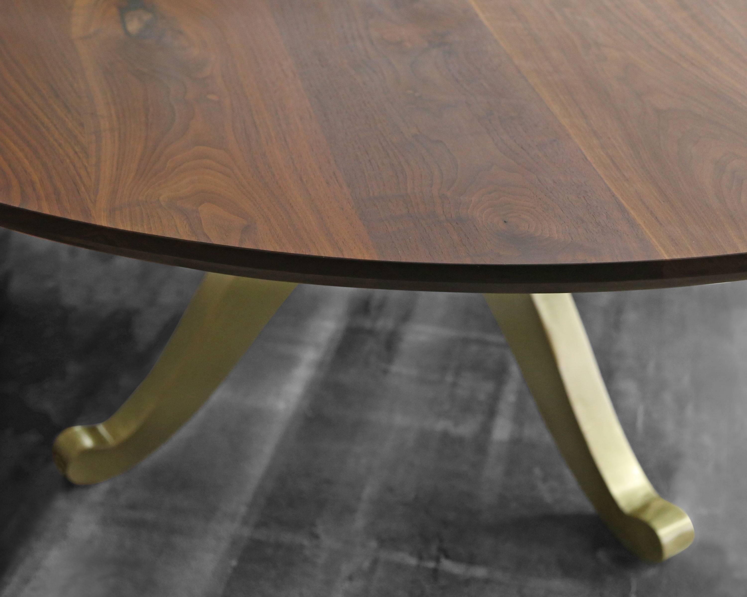 Large Round Walnut Table with Brass Wishbone Pedestal Base For Sale 1