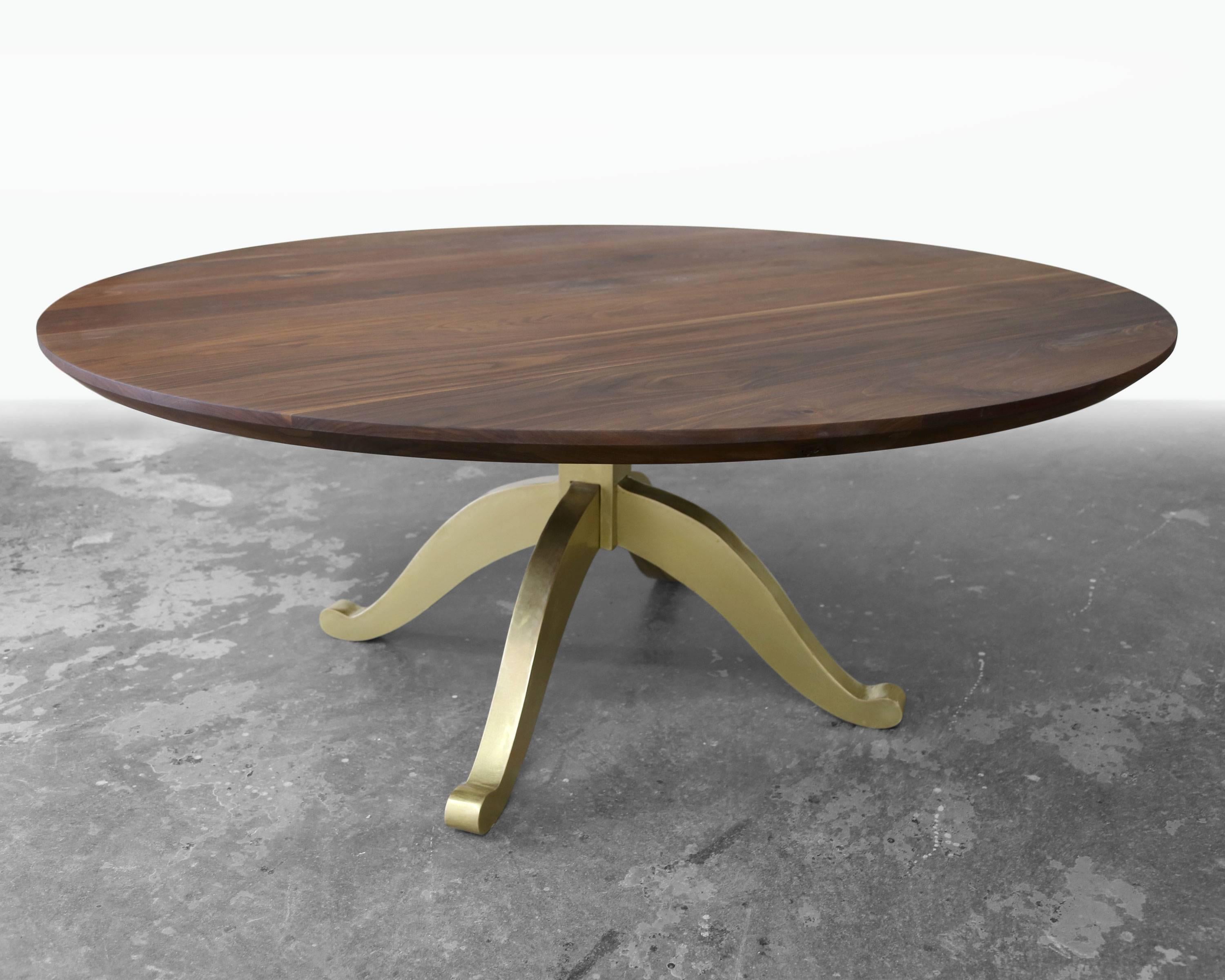 Contemporary Large Round Walnut Table with Brass Wishbone Pedestal Base For Sale