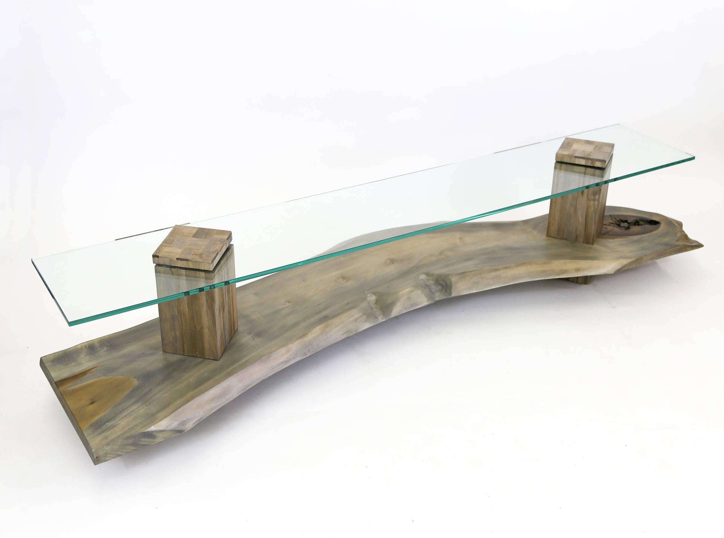 Bleached Sentient Maple and Glass Foothills Console in Driftwood Finish For Sale